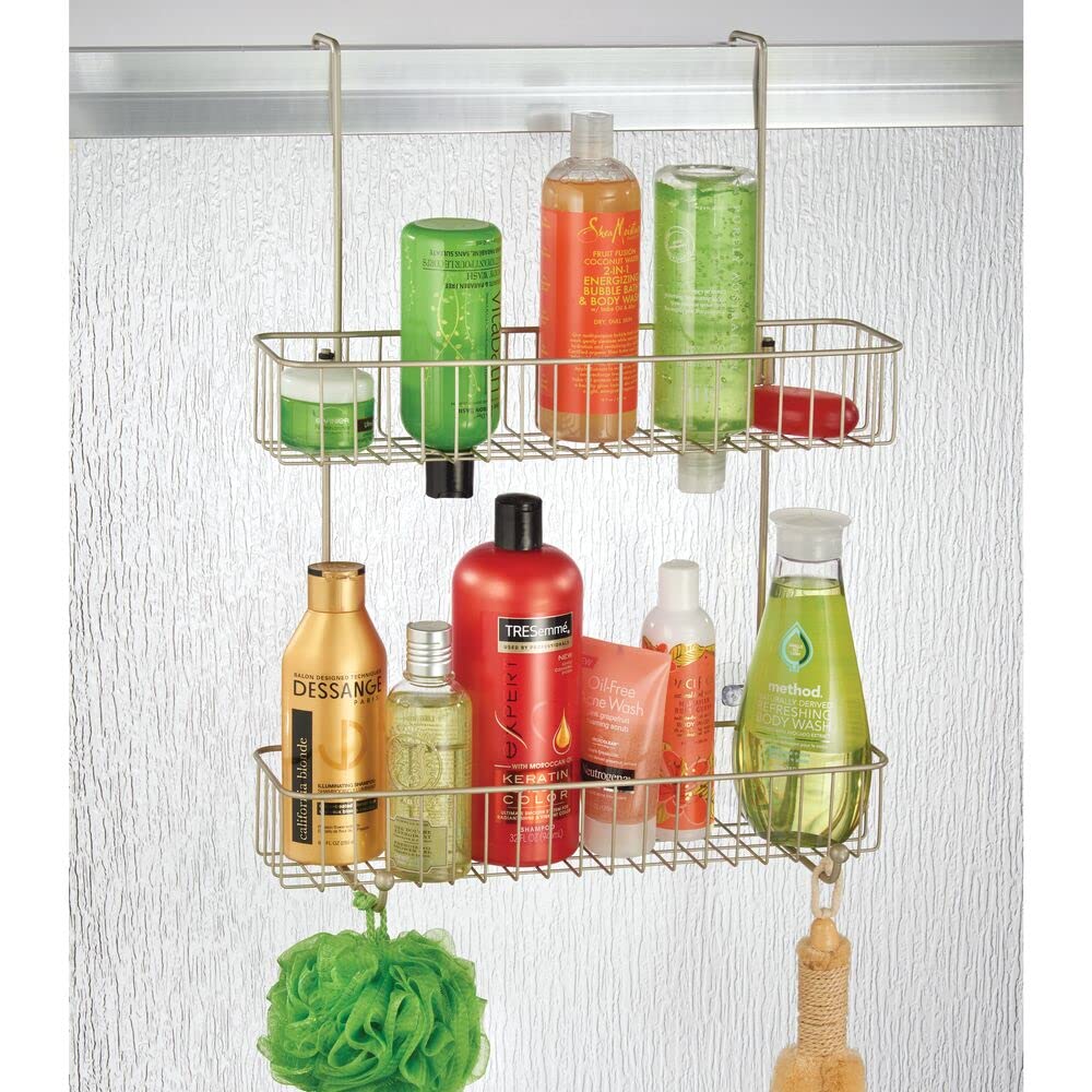 mDesign Extra Wide Metal Wire Over The Shower Door Caddy - 2-Tier Hanging Bathroom Storage Organizer with Built-in Hooks & Baskets for Shampoo, Body Wash, Loofahs - Satin Finish - Perfect for Small Bathrooms & Space-Saving Shower Organization