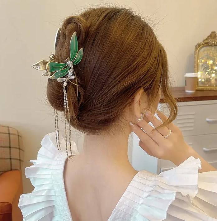 Ginoya Brothers Metal Headdress Hair Clips - Large Flower Tassel Claw Clip Super Flash Non-Slip Hairpin for Women (Green Dali) | Perfect for Boho Fashion, Weddings & Festival Accessories