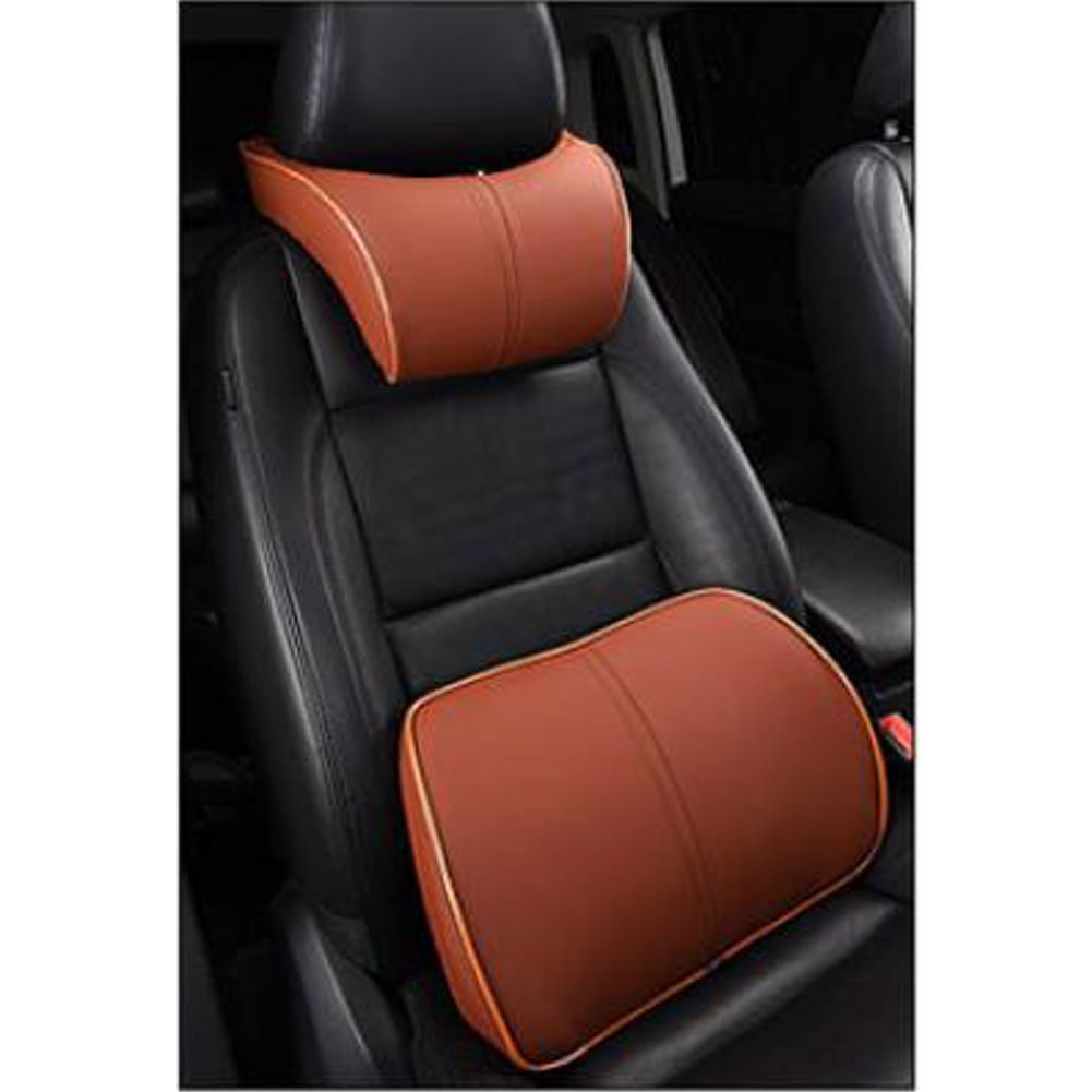 Memory Foam Lumbar Support Pillow for Car & Office Chairs - Neck & Headrest Cushion with Soft Artificial Leather Cover - Posture Corrector & Back Pain Relief - Home, Travel & Work Use (Brown)