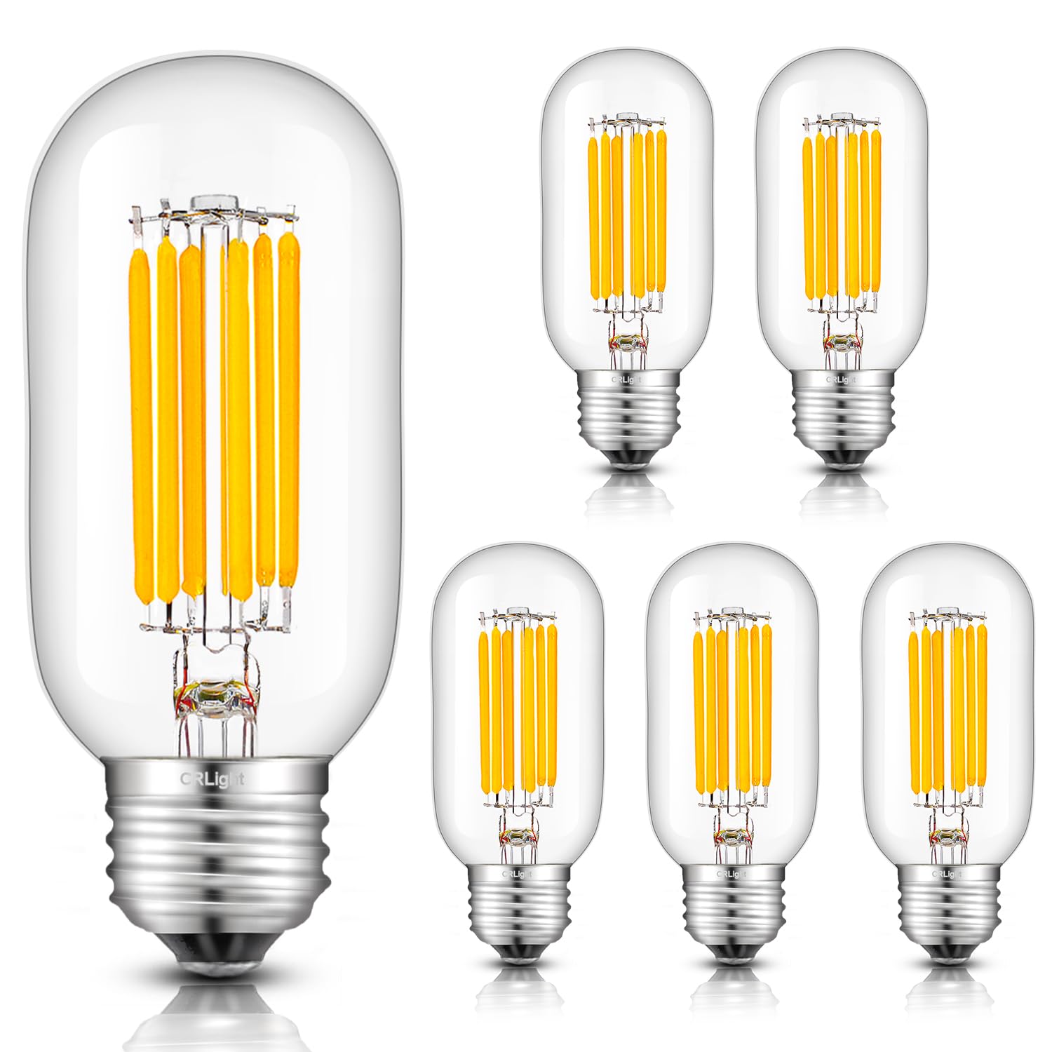 CRLight 8W LED Tubular Bulb 3000K Soft White, 80W Equivalent 800 LM, E26 Antique Edison T14/T45 Clear Glass Dimmable LED Filament Light Bulbs (Pack of 6) - Perfect for Vintage Lamps, Restaurants & Home Decor