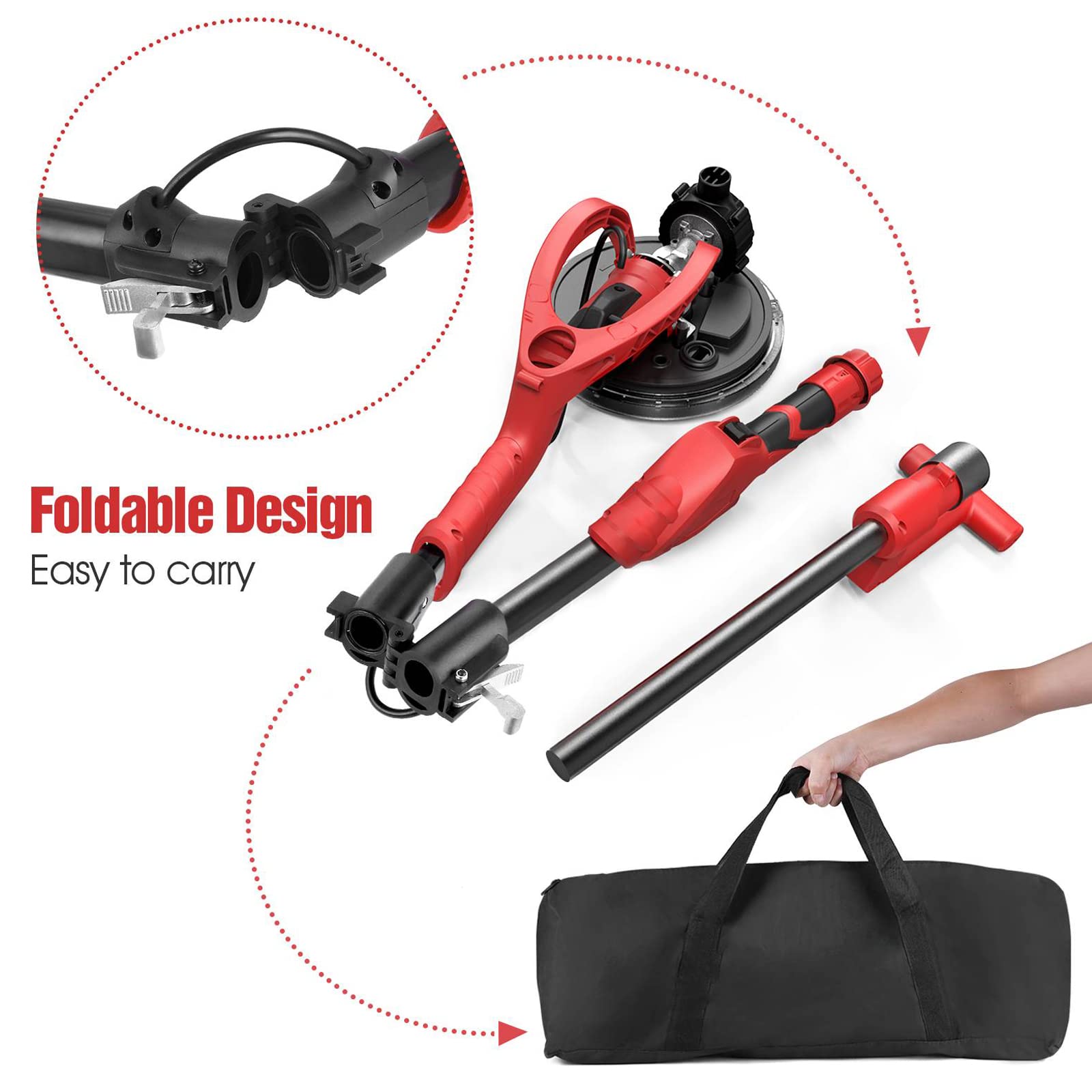 750W Electric Drywall Sander with Vacuum Dust Collection - 6 Speed Adjustable (1000-1850 RPM) for Popcorn Ceiling Removal - Includes 14Pcs Sandpaper, LED Light & Foldable Handle - Perfect for Home Renovation, Drywall Repair and DIY Projects