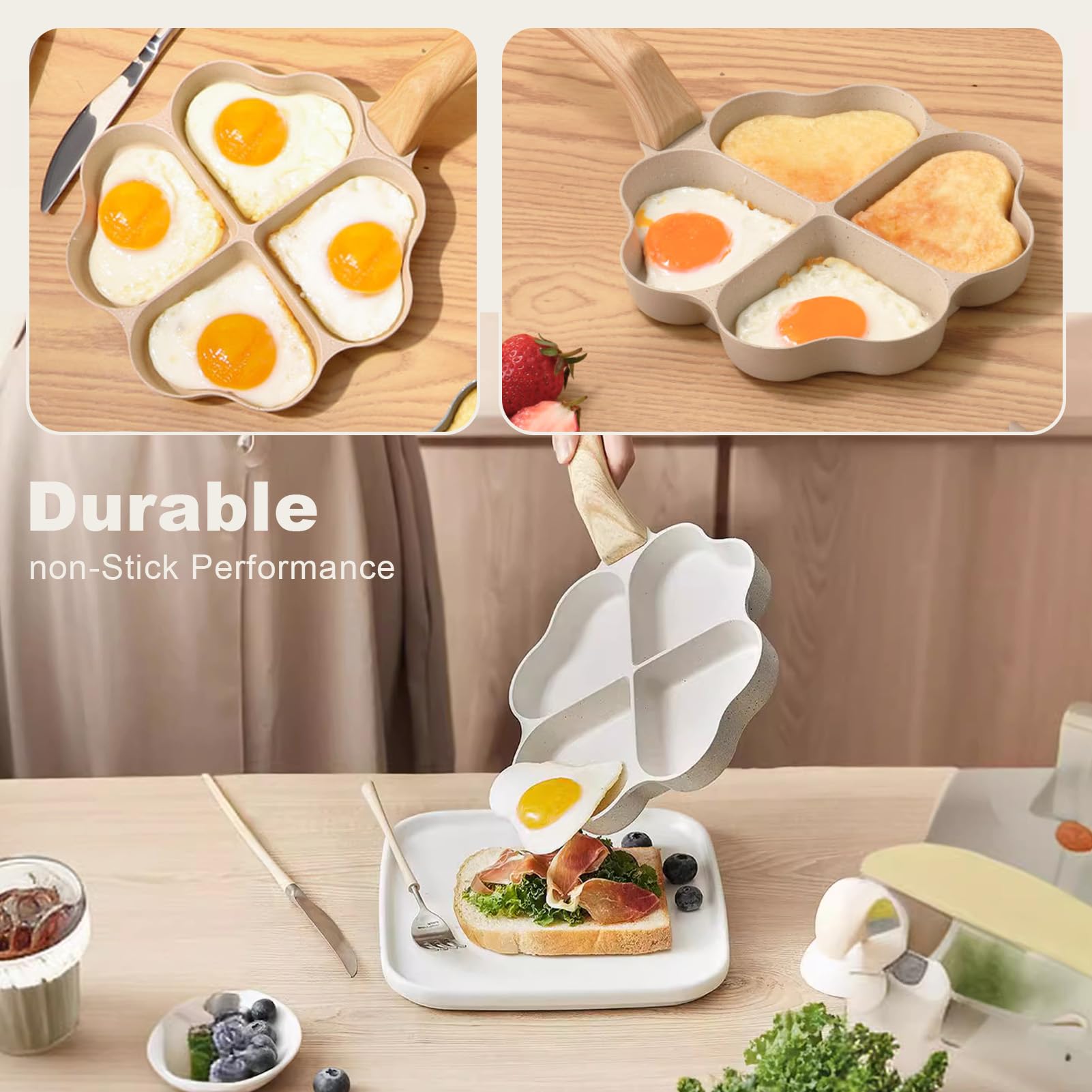 Bocguy Nonstick Heart-Shaped Pancake Pan - 4 Hole Aluminum Griddle for Pancakes, Eggs, Burgers - Induction & Gas Stove Compatible - Perfect for Breakfast, Brunch, and Family Cooking