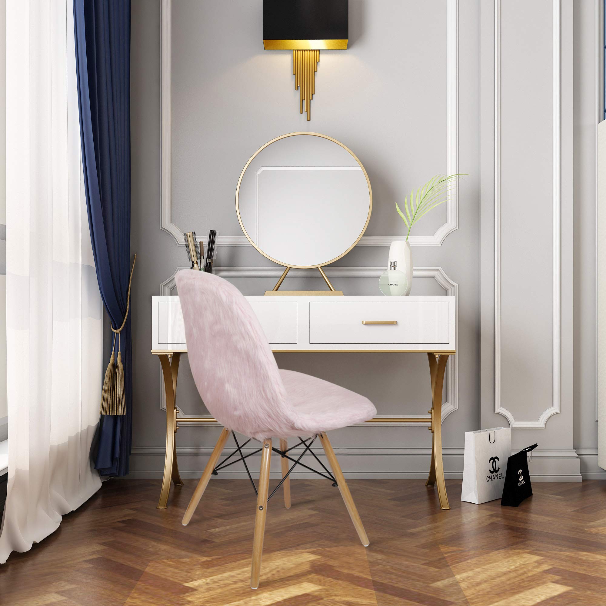 GIA Pink Faux Fur Dining Chairs with Wooden Legs - Soft Removable Armless Accent Chairs for Kitchen & Dining Room - 2 Pack Cute Fluffy Side Chairs - Perfect for Home Decor, Small Spaces & Cozy Breakfast Nooks