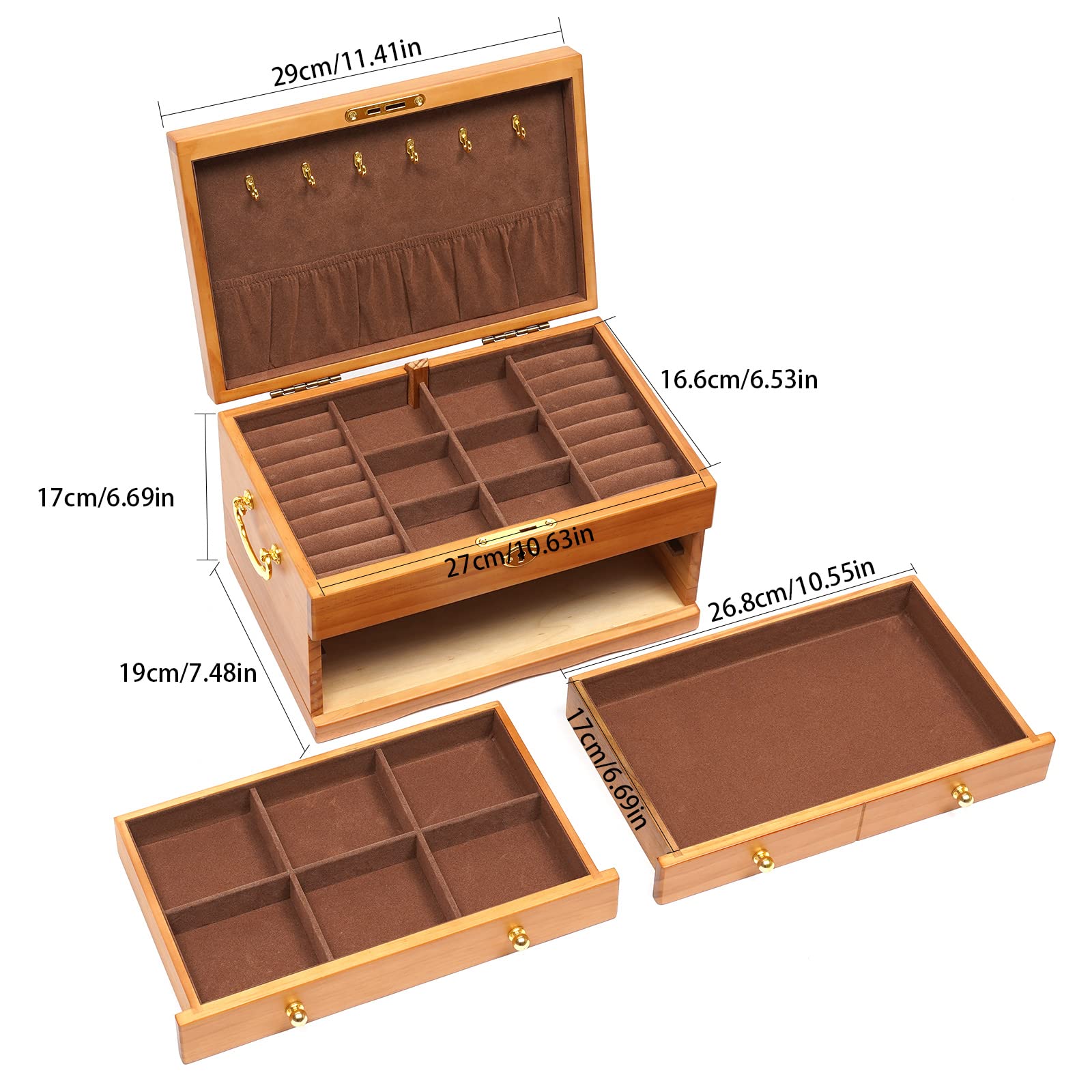3 Layer Wooden Jewelry Storage Box with 3 Drawers - Organizer for Earrings, Necklaces, Bracelets, Rings & Pendants - Portable Travel Jewelry Case for Women - Perfect for Home, Office & Vacation Use