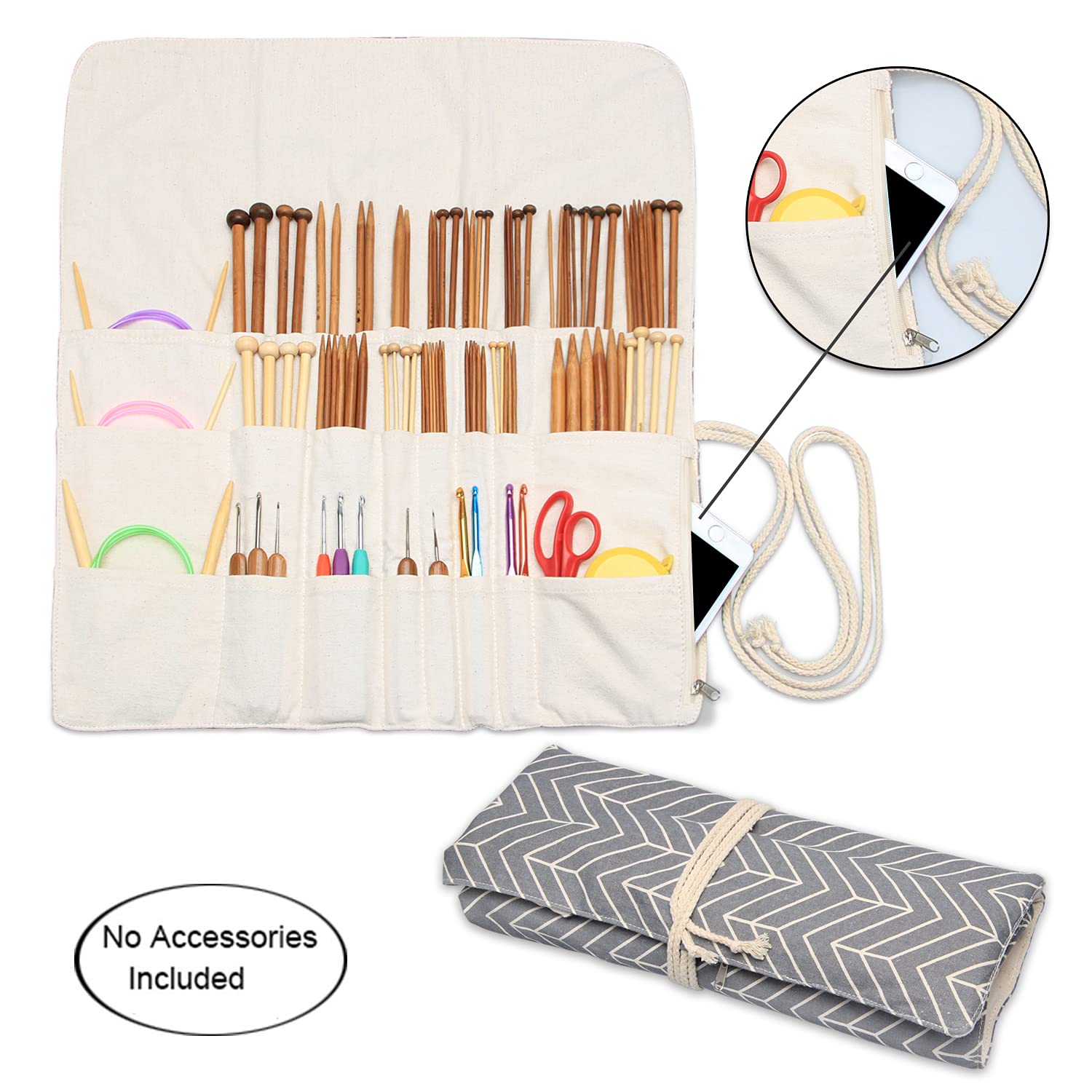 Teamoy Knitting Needles Holder Case (14 Inches) - Rolling Organizer for Straight & Circular Knitting Needles, Crochet Hooks & Accessories - Gray Storage Pouch for Knitting Projects at Home or Travel - No Accessories Included