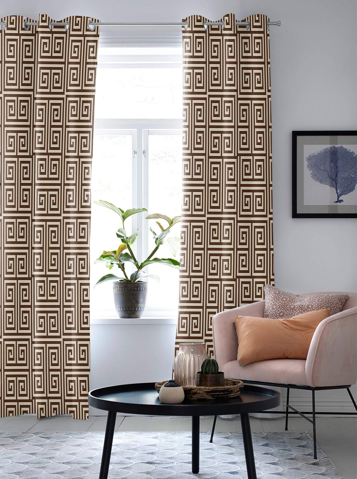 Traditional Style Ethnic Grommet Top Window Curtains - 2 Panels Room Darkening Drapes in Geometric Square Brown Design for All Seasons | Perfect for Bedroom, Living Room & Home Decor