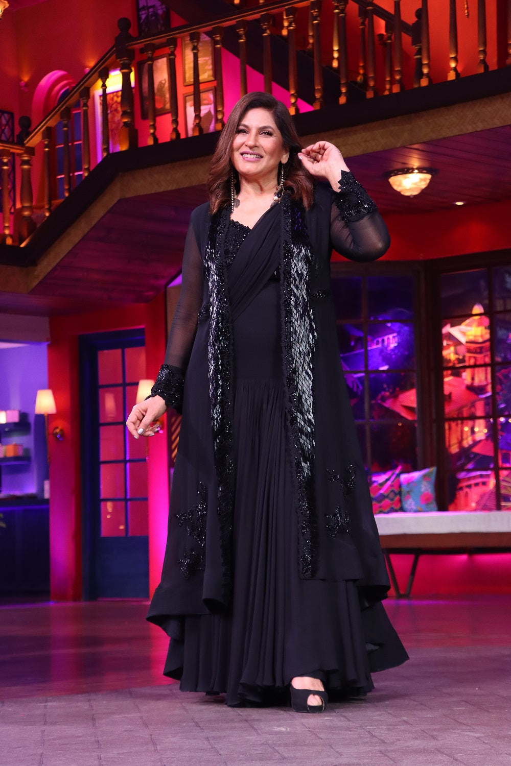 Archana Puran Singh Black Pleated Drape Saree with Blouse & Jacket - Noire Glass Beads & Thread Embroidery - Perfect for Weddings, Parties & Special Occasions