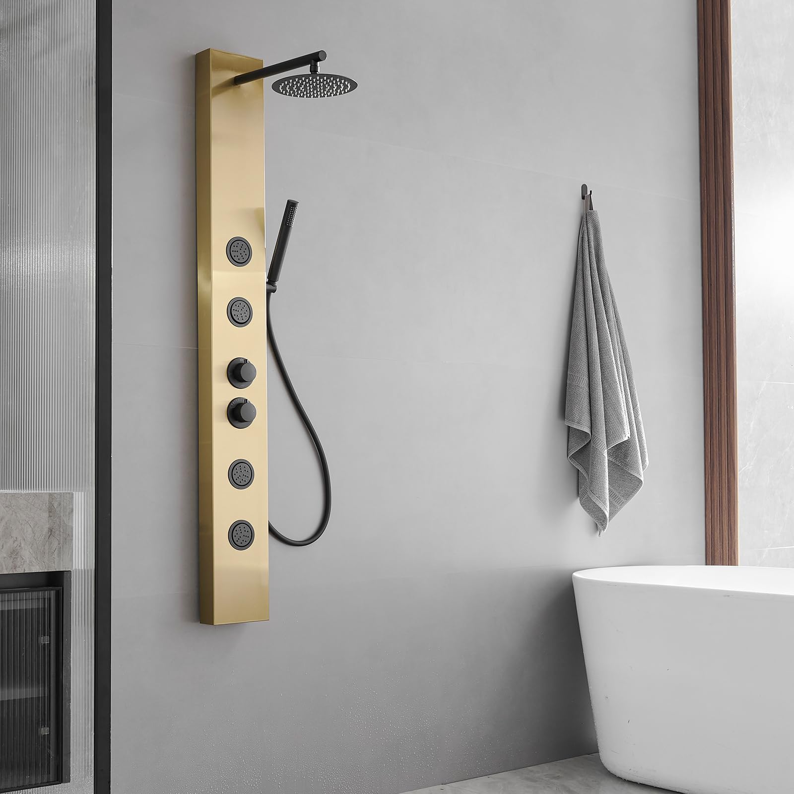3 in 1 Stainless Steel Shower Panel Tower System - Adjustable Body Jets, Rainfall Shower Head & Handheld Shower - Brushed Gold Finish for Luxurious Bathroom Upgrade | Perfect for Master Bath, Spa-Like Experience & Modern Home Renovation