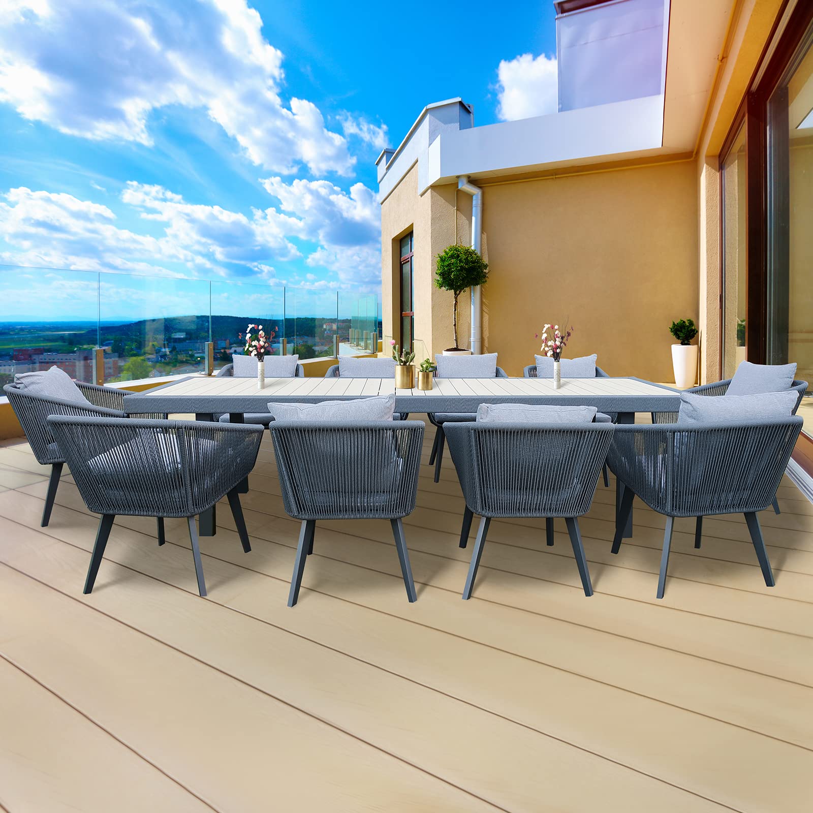 11-Piece Patio Dining Set - All-in-One Wicker Furniture with Cushions, 10 Aluminum Frame Chairs & Rectangle Table in Light Gray - Perfect for Outdoor Entertaining, Backyard BBQs, and Poolside Gatherings