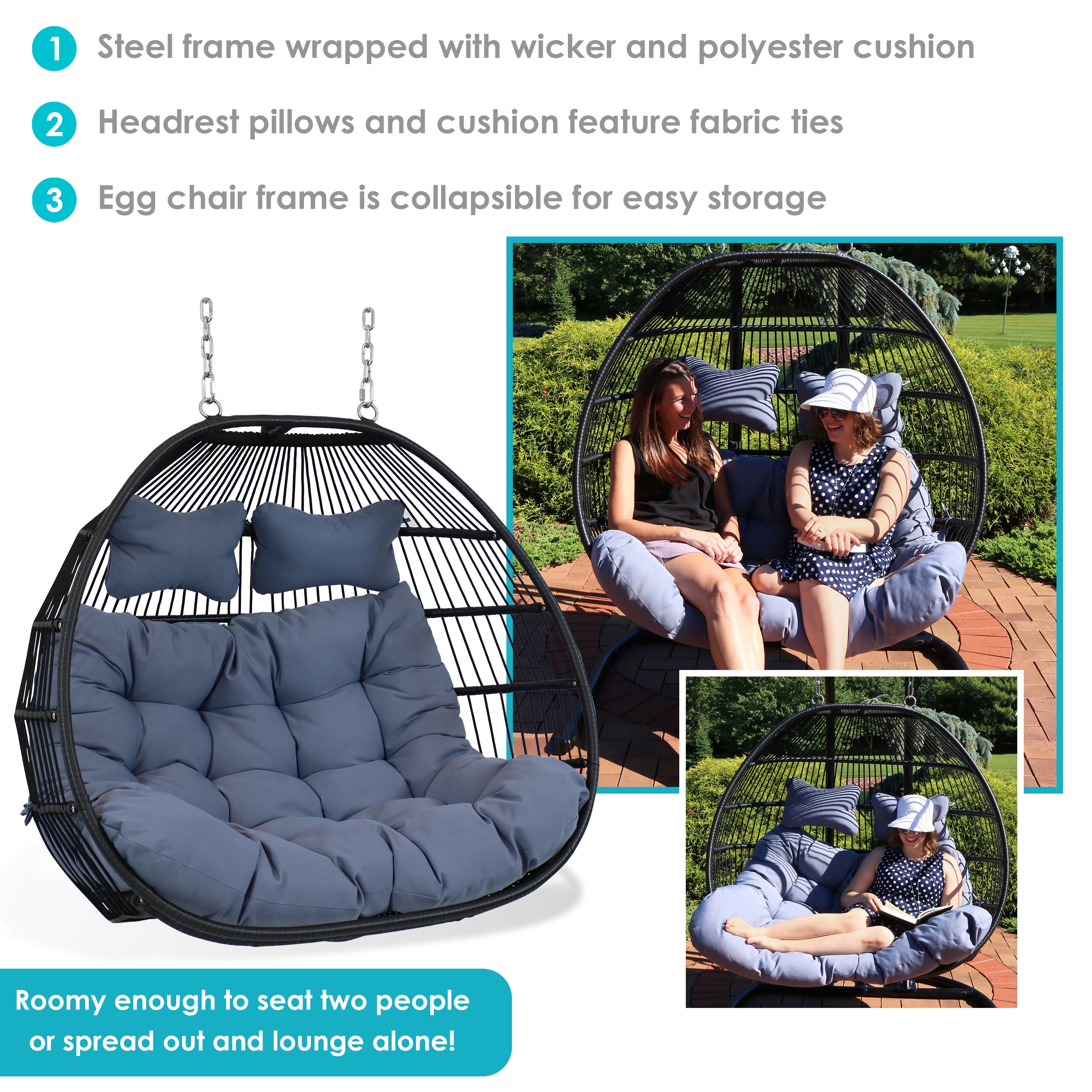 Sunnydaze Liza Loveseat Egg Chair with Cushions - Gray Outdoor Hanging Swing Chair for Patio, Garden, or Balcony Relaxation