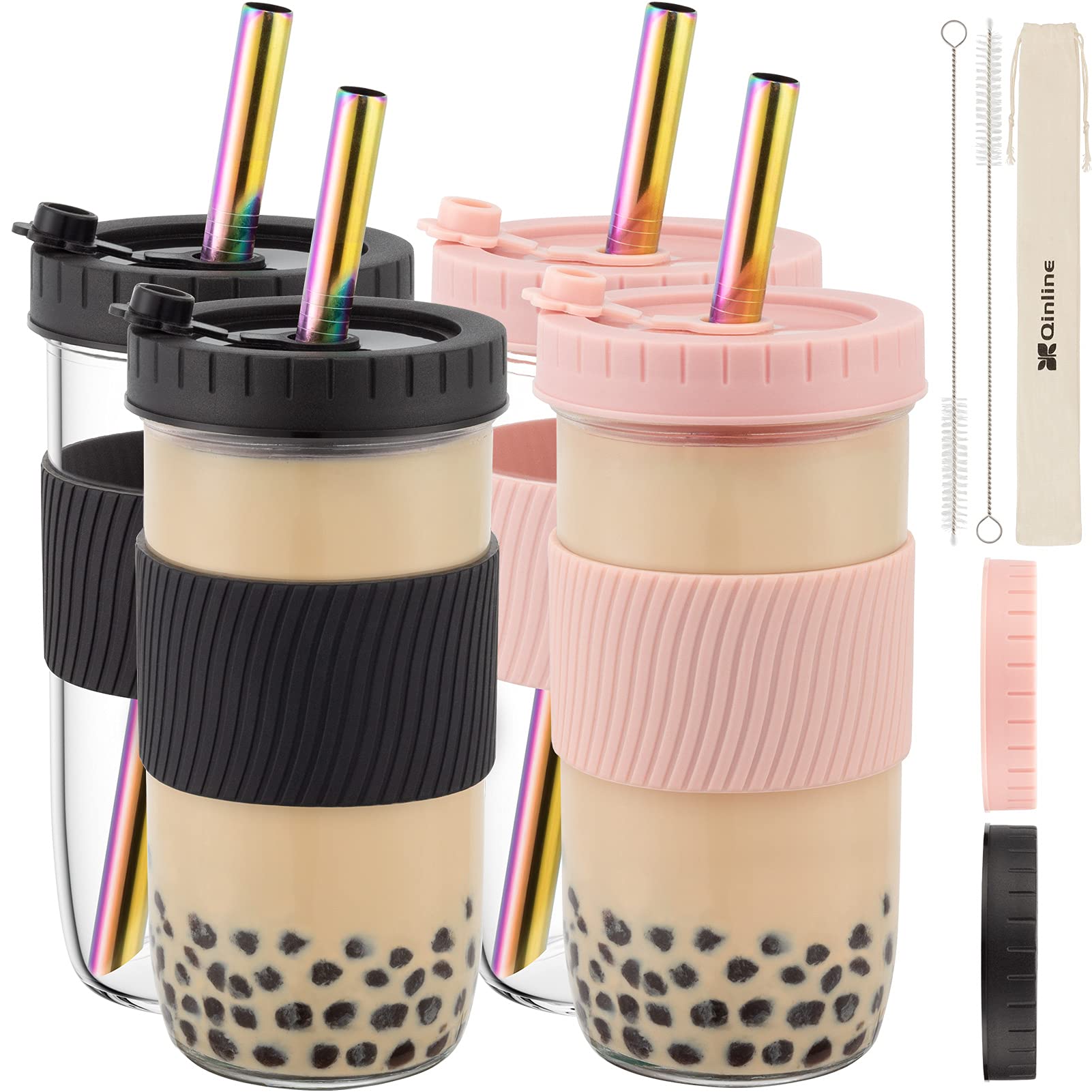 Reusable 24Oz Glass Mason Jars with Lids & Straws - 4 Pack Wide Mouth Smoothie Cups, Bubble Tea Glasses with Silicone Sleeves | Leakproof Travel Tumbler for Drinks, Water Bottle | Perfect for Iced Coffee, Juice, Milkshakes & Large Pearl Boba at Home, Office or On-the-Go