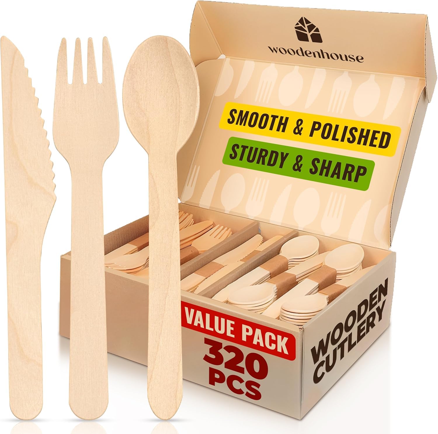Eco-Friendly Biodegradable Utensils Set - 320 Pcs Compostable Forks, Spoons & Knives (120 Forks, 120 Wooden Spoons, 80 Knives) - Sustainable Disposable Cutlery for Parties, Picnics, Camping & Events