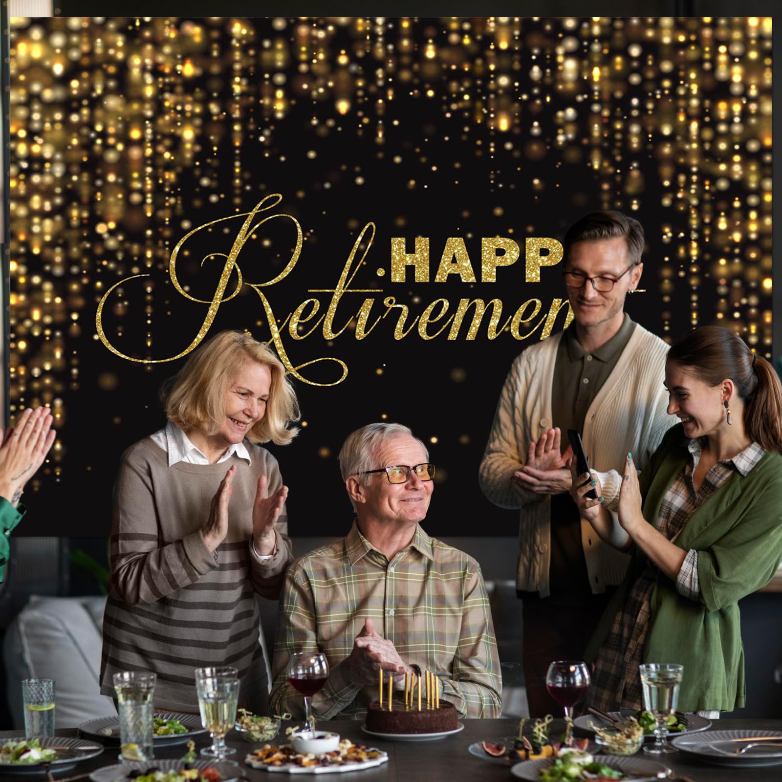 Happy Retirement Backdrop 7x5ft Black & Gold for Party Decor