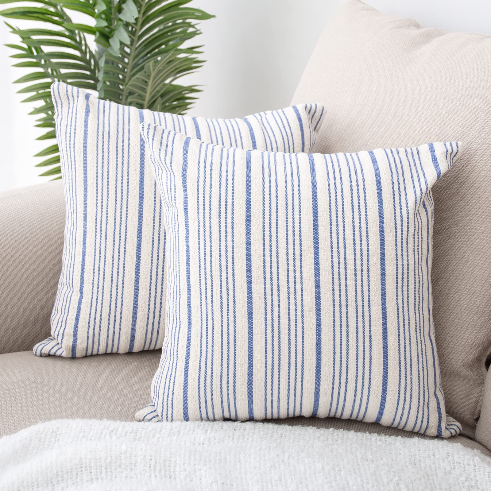 HOMFINE Farmhouse Throw Pillow Covers 18x18 Inch Set of 2 - Blue Stripe Square Decorative Cushion Covers for Sofa, Couch, Chair - Modern Home Decor & Living Room Accent Pillows (Perfect for Farmhouse, Boho & Coastal Style Interiors)