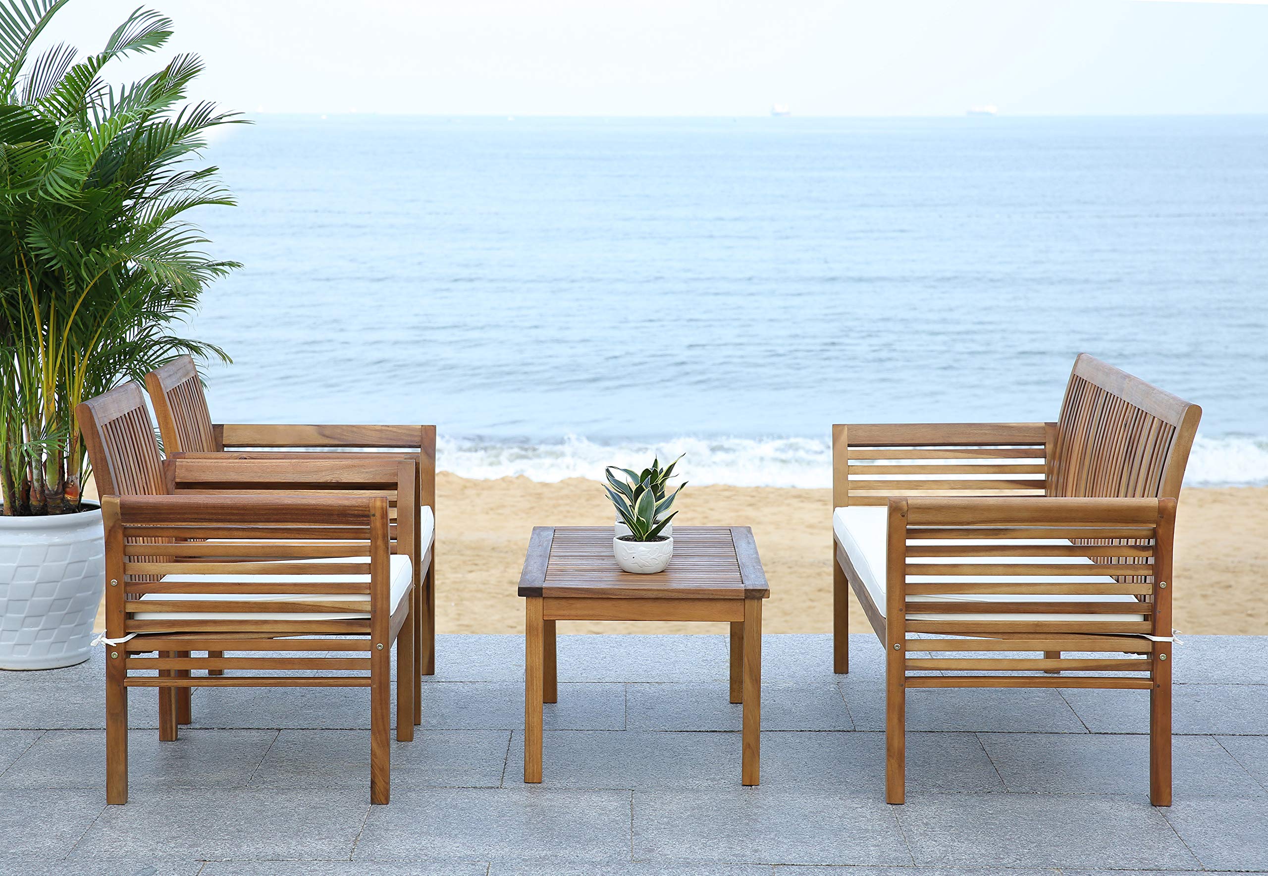 SAFAVIEH Outdoor Collection Carson Natural/Beige 4-Piece Patio Cushion Set for Conversation Area - Water-Resistant Outdoor Furniture Cushions for Garden, Poolside & Backyard Relaxation