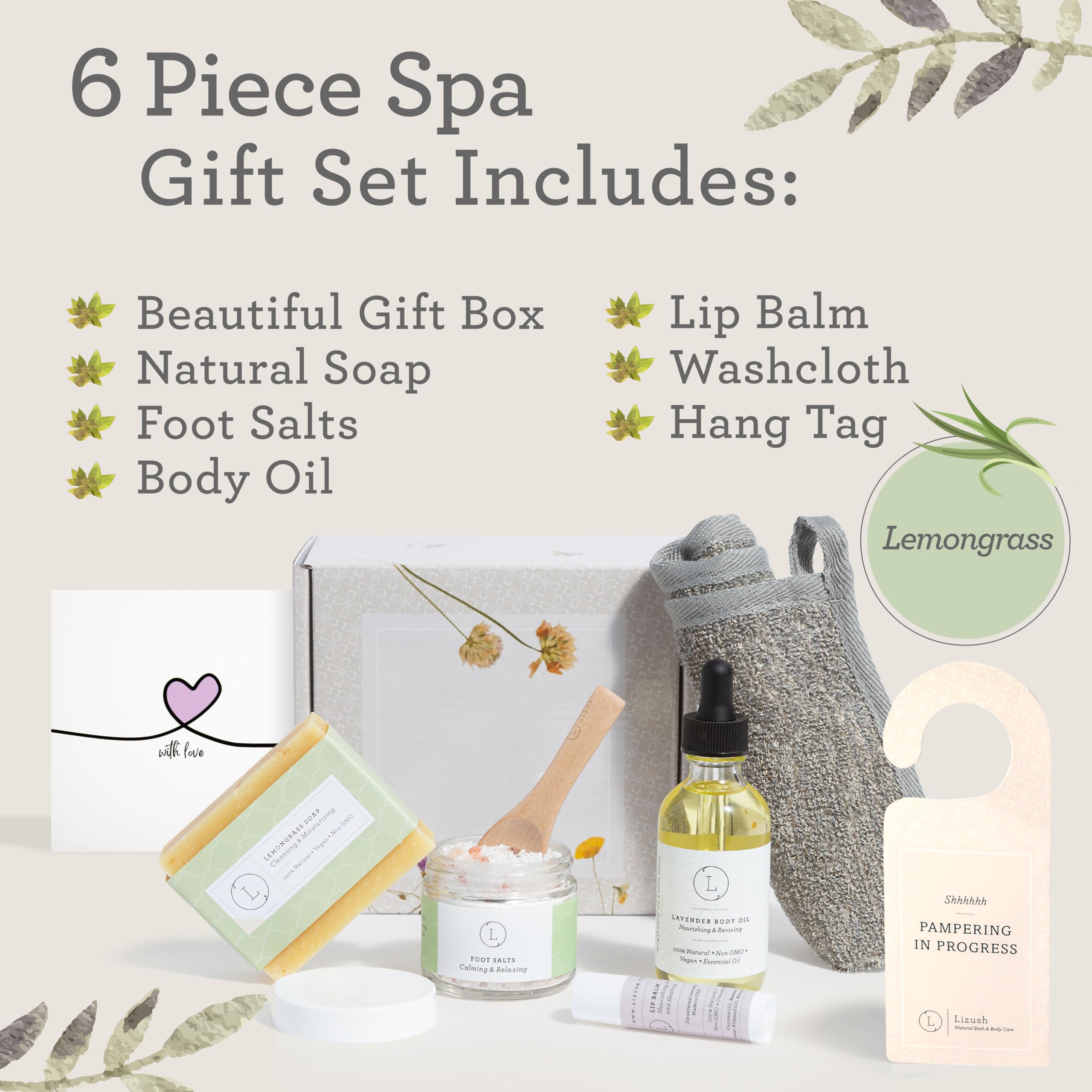 Lizush Lemongrass 6-Piece Spa Gift Set for Women - Luxury Handmade Body Care Kit with Soap, Lotion & More - Perfect for Relaxation, Self-Care & Gifts - Ideal for Birthdays, Mother's Day & Spa Nights at Home