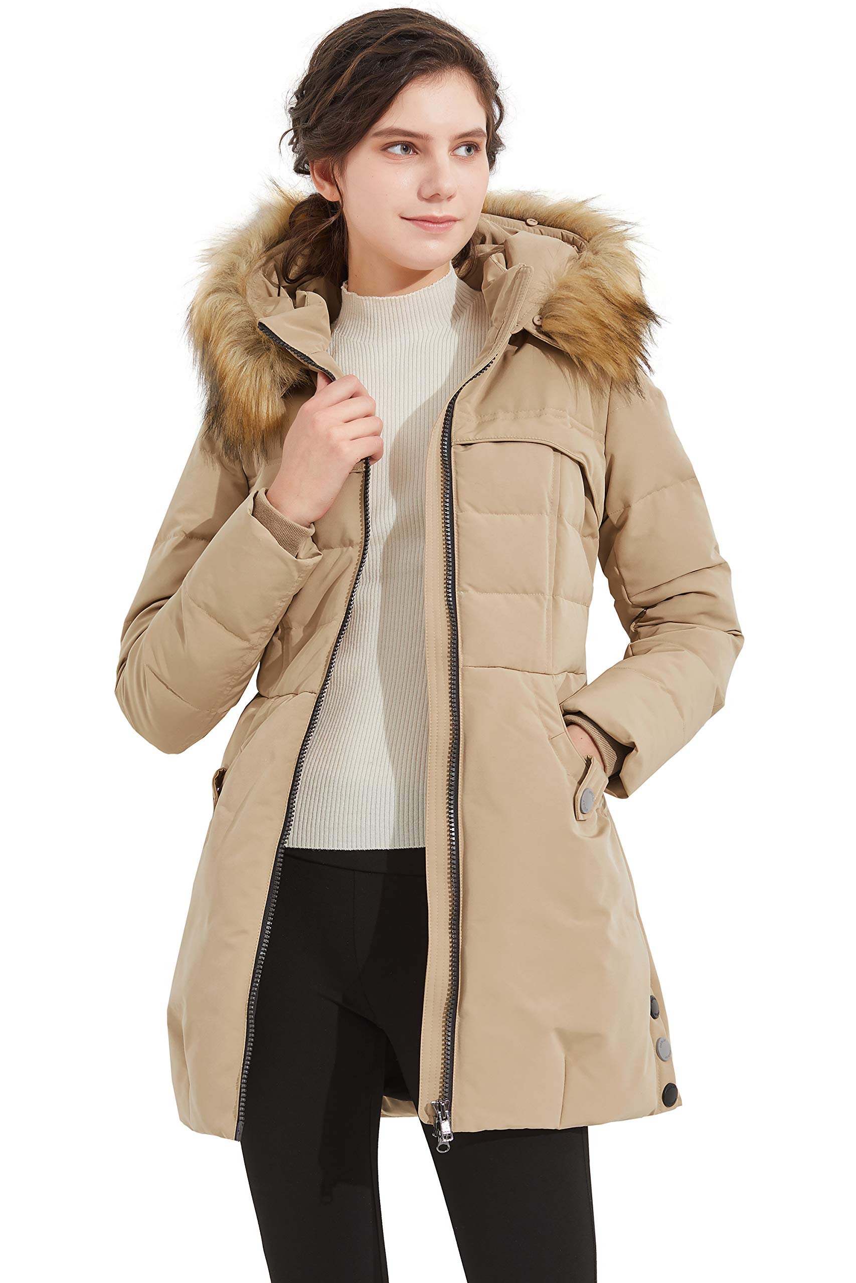 Orolay Women's Thick Warm Down Jacket with Fur Trim Hood - Winter Coat Stand Collar Parka for Cold Weather - Perfect for Snowboarding, Skiing & Outdoor Activities