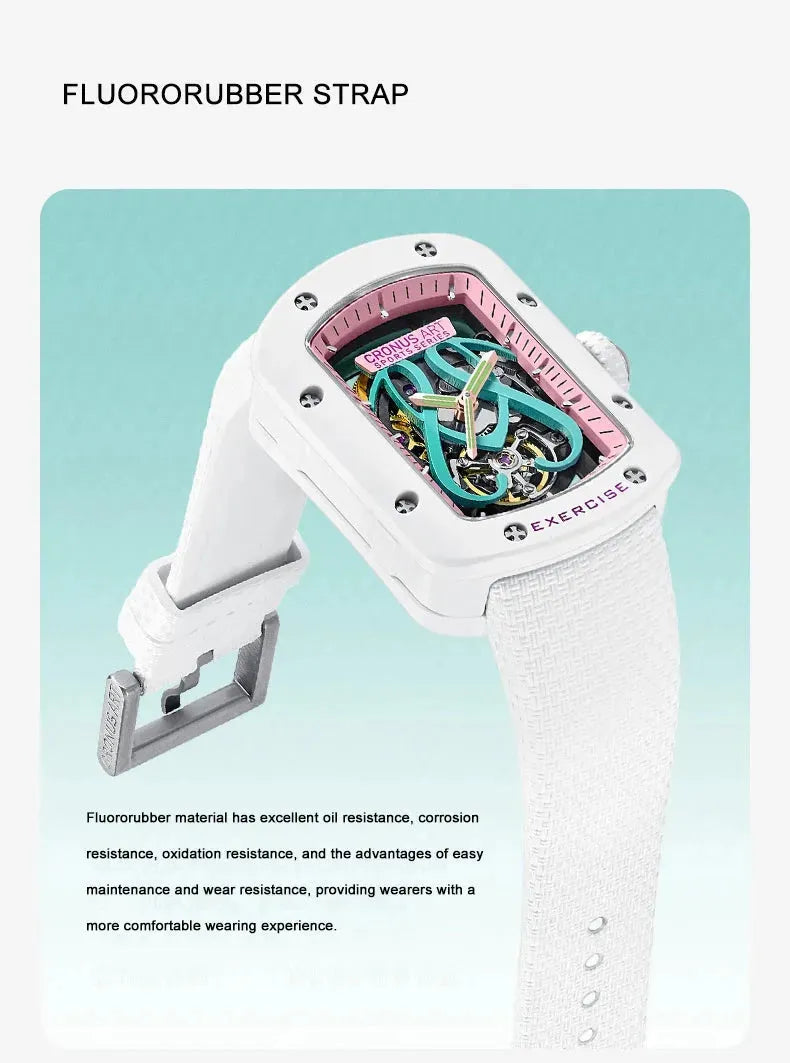 CRONUSART Women's Automatic Mechanical Watch - 29mm x 41mm Tonneau Case, Luminous Hollow Dial, Fluororubber Strap - Elegant Ladies Wristwatch for Business, Party & Daily Wear