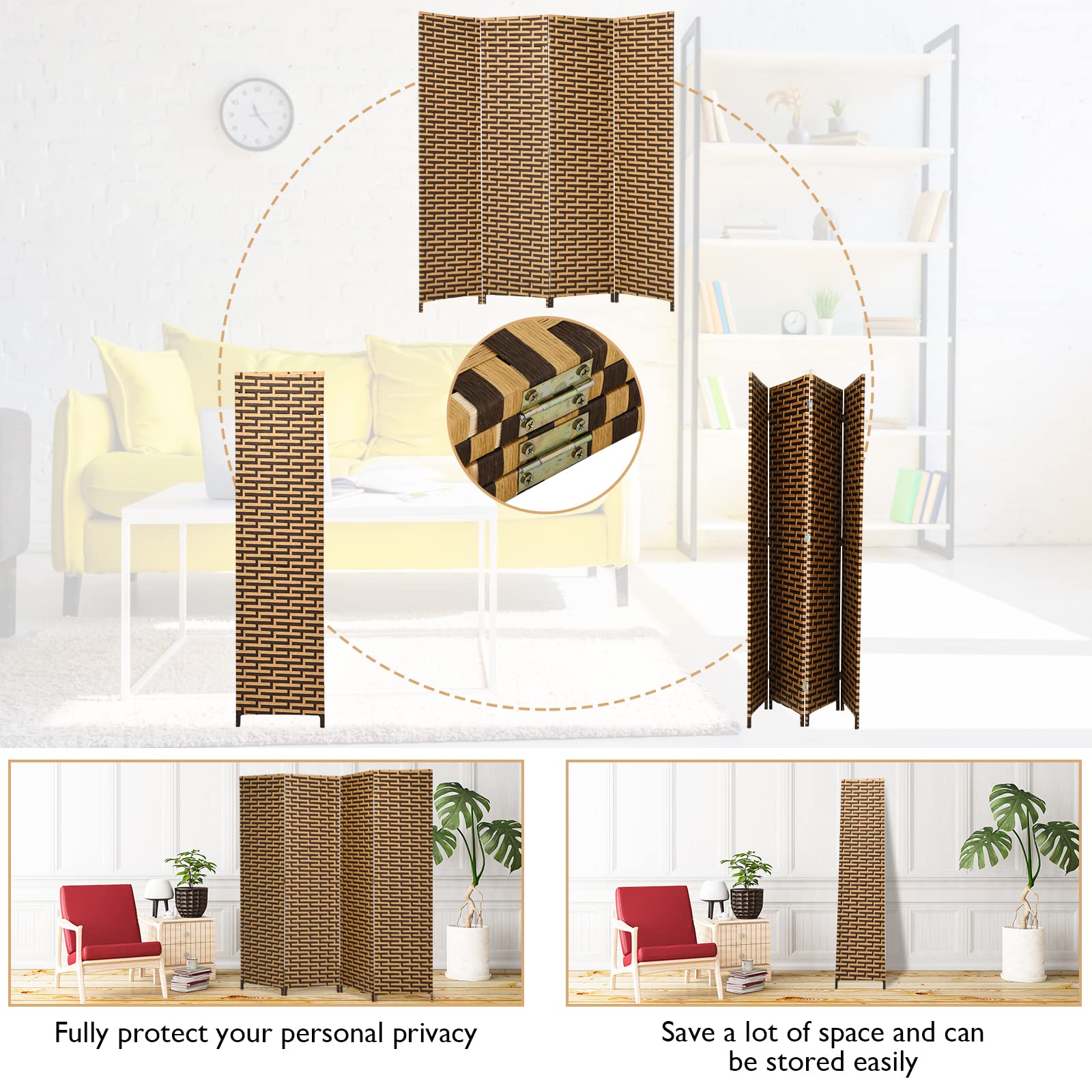 Handmade 6 Ft 4 Panel Rattan Room Divider - Wood Folding Screen Partition for Home & Office - Freestanding Boho Room Separator for Bedroom, Living Room, Studio or Dorm Decor
