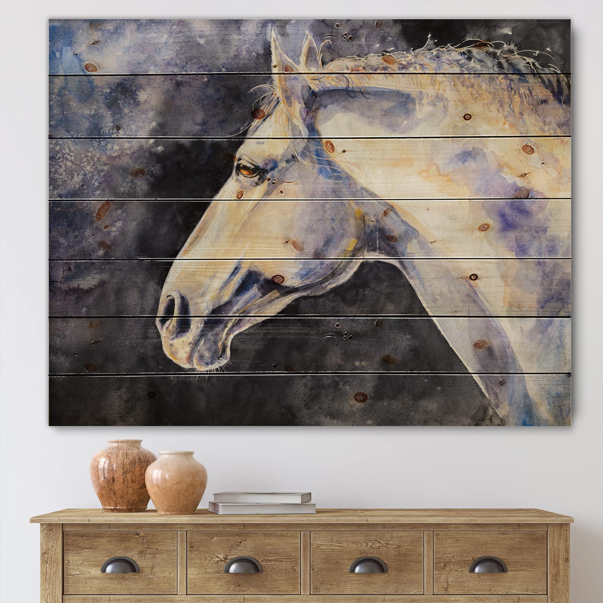 DesignQ Lipizzan Horse Farmhouse Wood Wall Decor - White Large Animal Wall Art Panel Printed on Natural Pine Wood - Perfect for Living Room, Bedroom & Country Home Decor