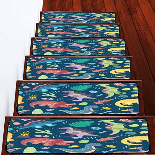 Non-Slip Dinosaur Stair Treads - 13PCS Prehistoric Cute Dinosaur Pattern Carpet Stair Mats with Double-Sided Adhesive Tape (8