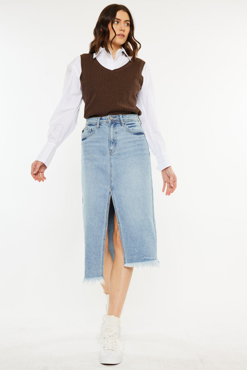 Indigo High Rise Midi Skirt for Women - Stretchy A-Line Denim Skirt with Pockets | Perfect for Casual Outfits, Office Wear & Date Nights