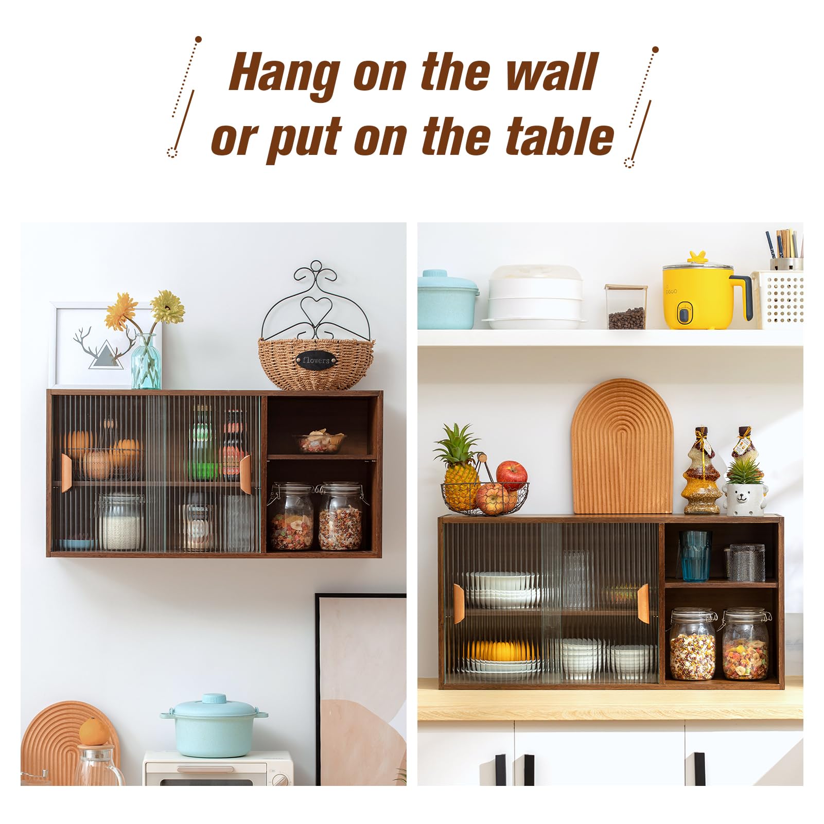 HollyHOME Bamboo Wall Mounted Kitchen Sideboard - 2 Sliding Glass Doors, Freestanding Storage Cabinet with Side Shelf for Bottles, Dishes & Bowls - Walnut Console Dining Cupboard for Small Spaces, Apartments & Modern Kitchens