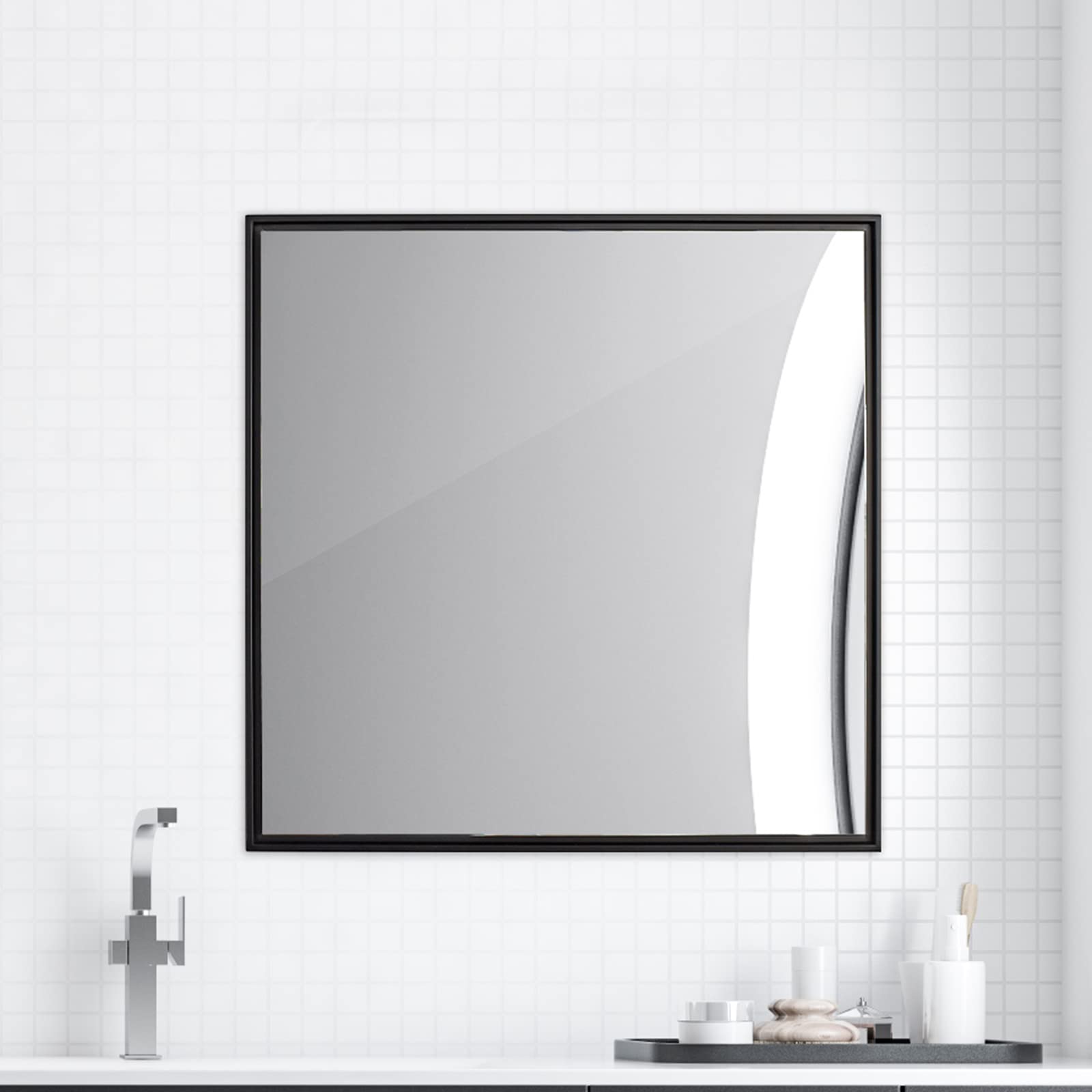 24 Inch Square Black Metal Frame Wall Mirror for Bathroom - Modern Vanity Mirror for Makeup, Shaving & Home Decor