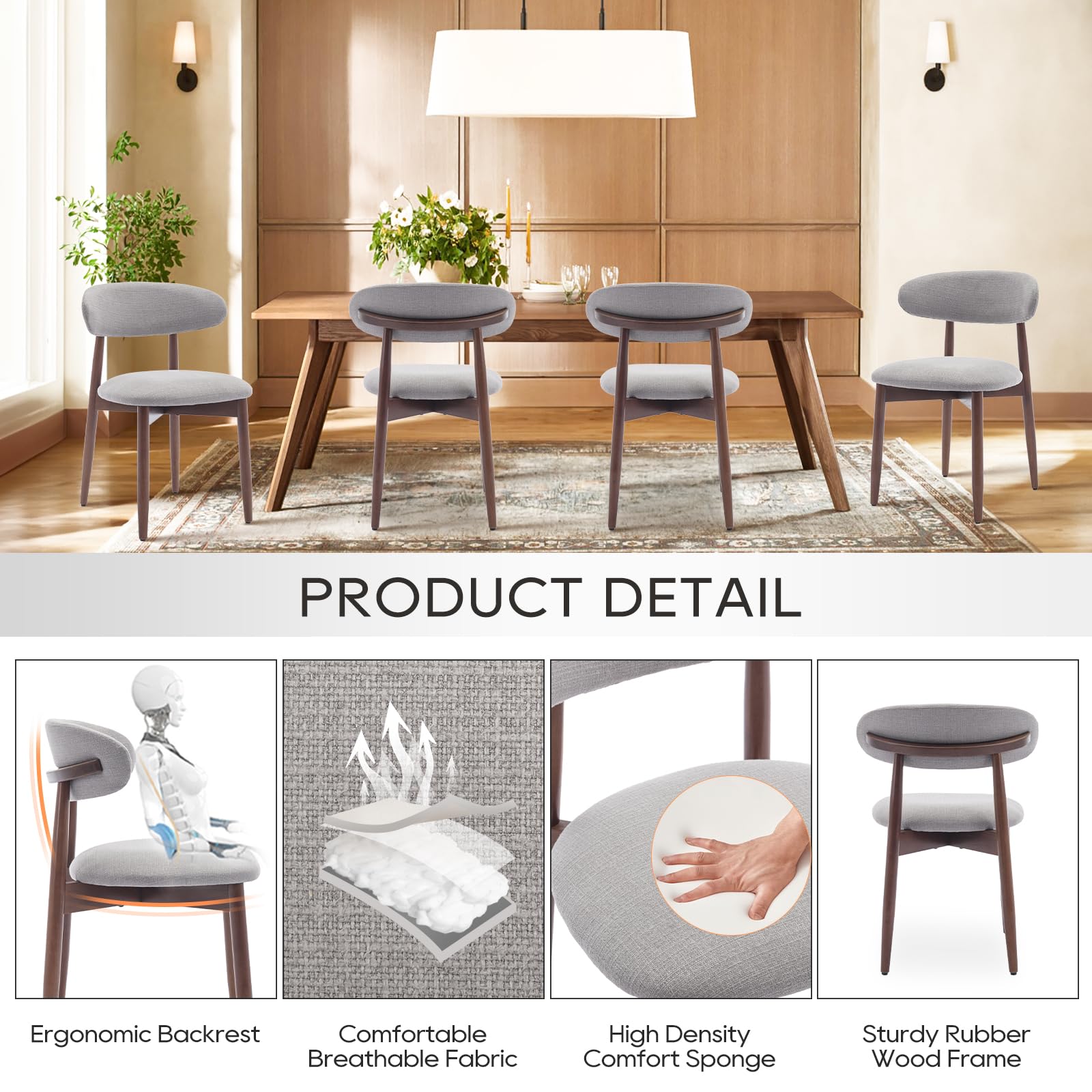 COLAMY Set of 4 Modern Farmhouse Dining Chairs - Light Grey Upholstered Wooden Kitchen Side Chairs with Foot Pegs | Perfect for Dining Room, Kitchen, Breakfast Nook & Small Spaces