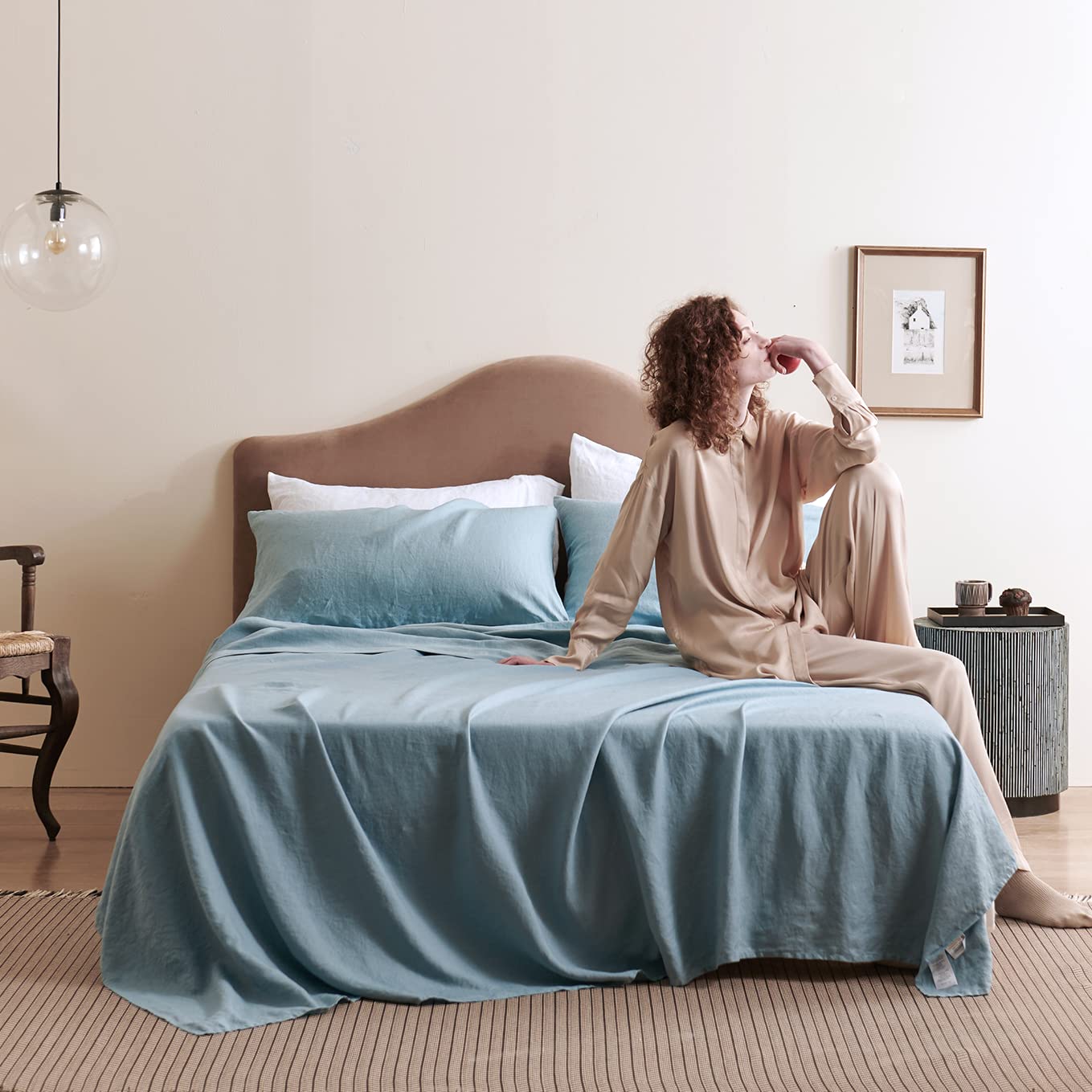 Bedsure 100% French Linen Sheets Set King Size - Breathable Washed Linen Bedding with Deep Pockets (108