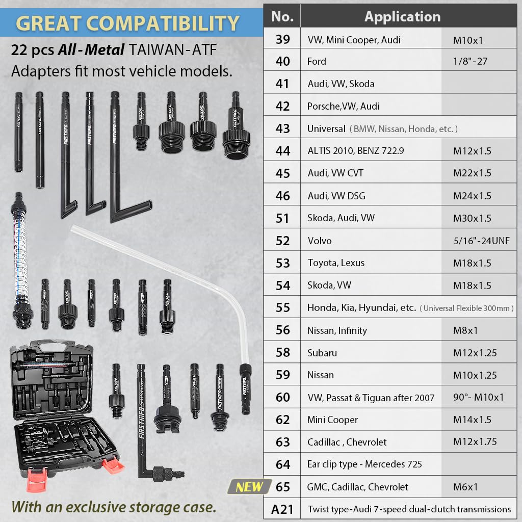 FIRSTINFO Patented 10L 22-Piece ATF Filler Adapter Kit with Pneumatic Transmission Fluid Pump - Includes Hanging Hook, 360° Swivel Air Inlet & Spring Hose - Perfect for Auto Repair Shops & DIY Transmission Fluid Changes