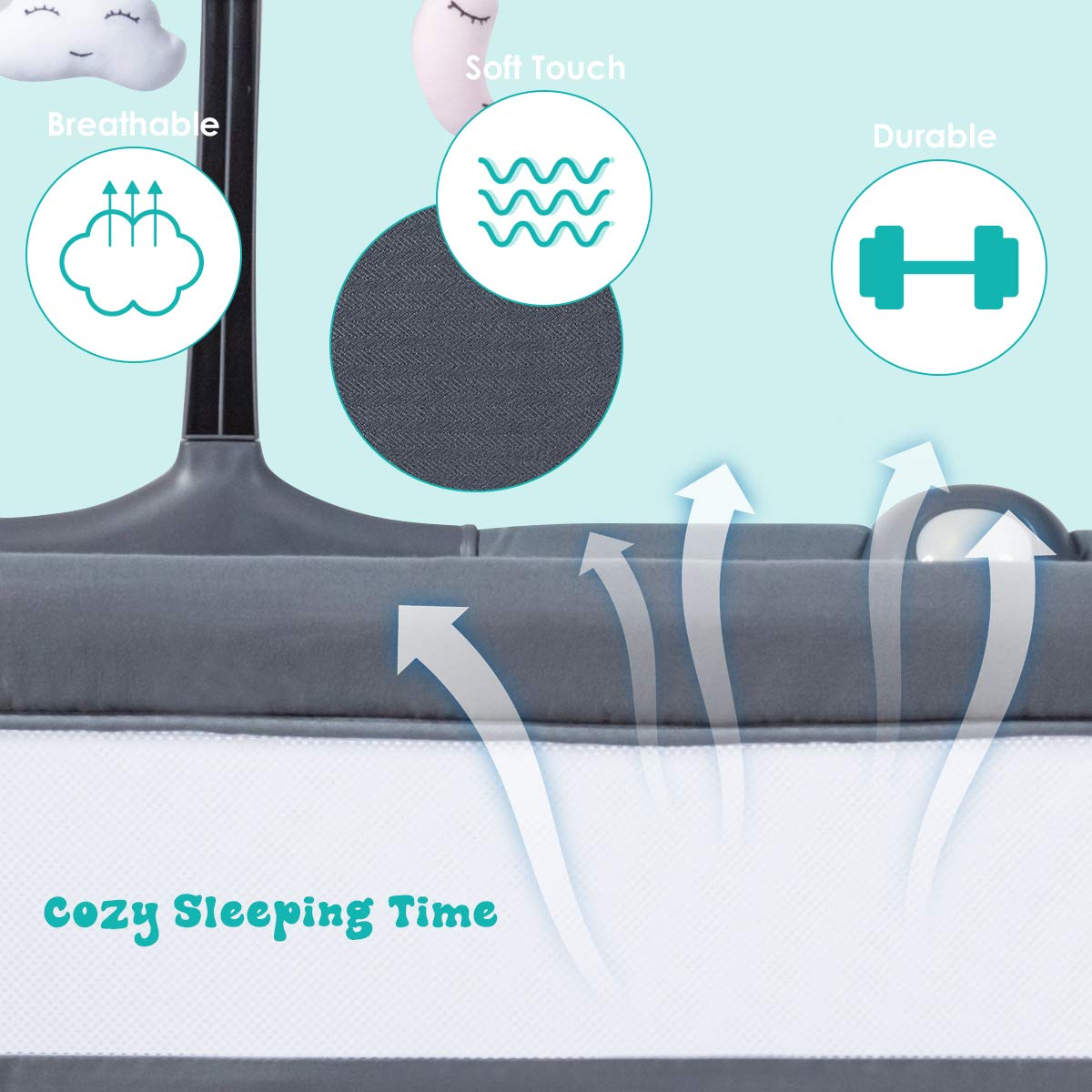 HONEY JOY Portable Foldable Baby Bedside Crib with Toy Arch, Music & Breathable Mesh - Adjustable Height Co-Sleeping Bassinet with Thick Mattress for Newborns & Infants (Dark Gray) | Perfect for Nursery, Bedroom & Travel Use