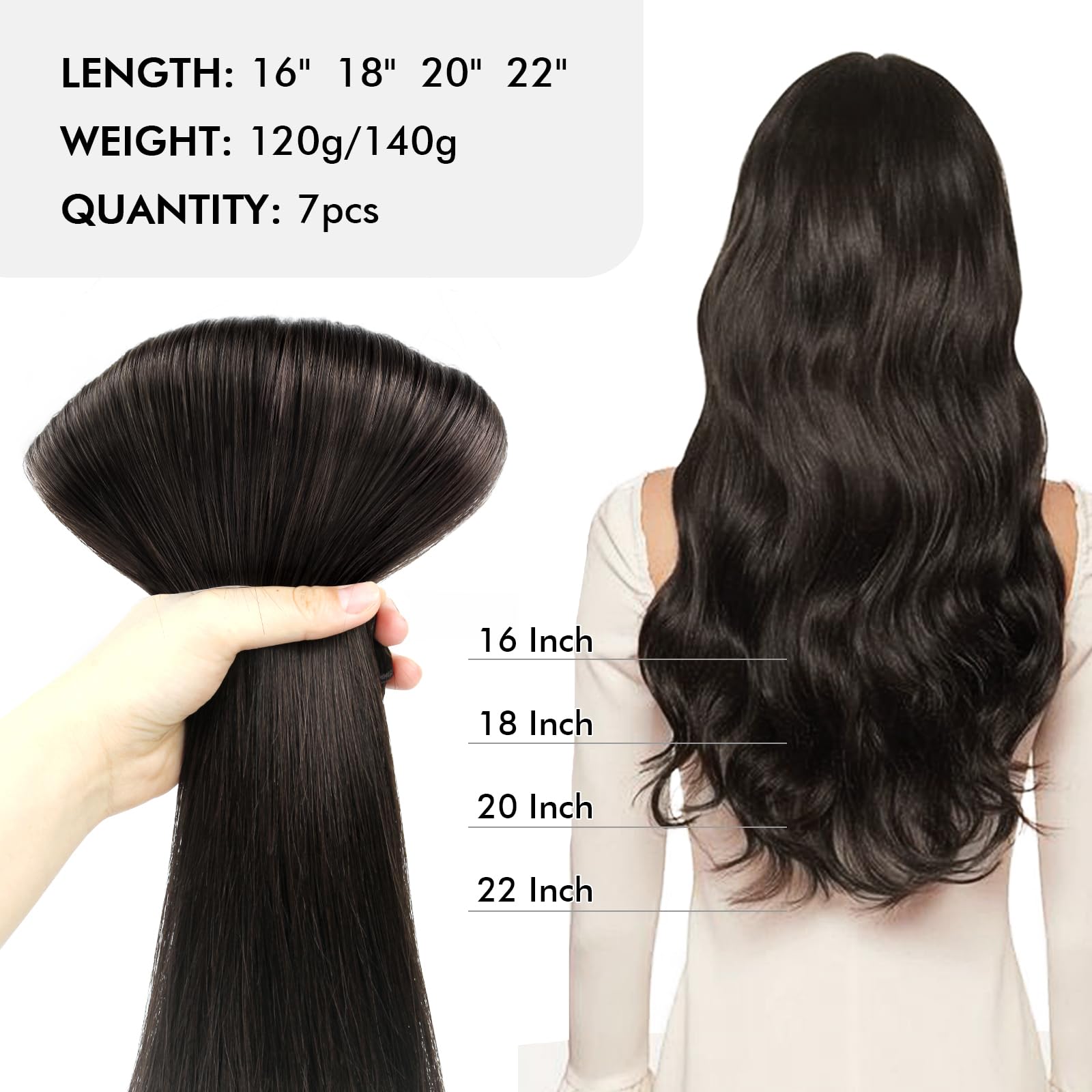 Sixstar Remy Human Hair Clip-In Extensions 18 Inch 7-Piece Set (140g, Color 1B Off Black) - Natural Looking Hair Extensions for Volume & Length - Perfect for Parties, Weddings & Daily Styling
