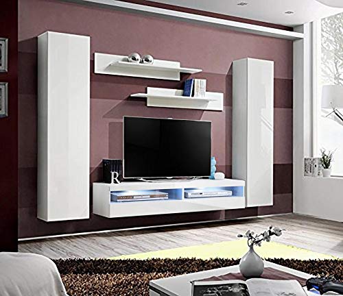 Modern White Wall-Mounted TV Stand with Storage Shelves & LED Lights - 35