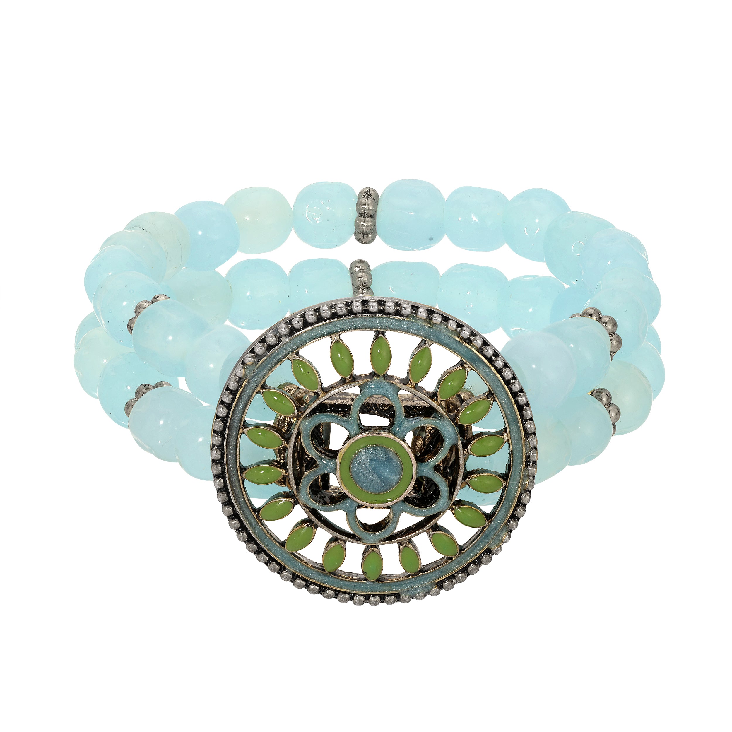 1928 Jewelry Blue Garden Bloom Aqua Glass Beaded Stretch Bracelet for Women - Vintage Style Elastic Beaded Wristband for Casual Wear, Party & Gift Giving