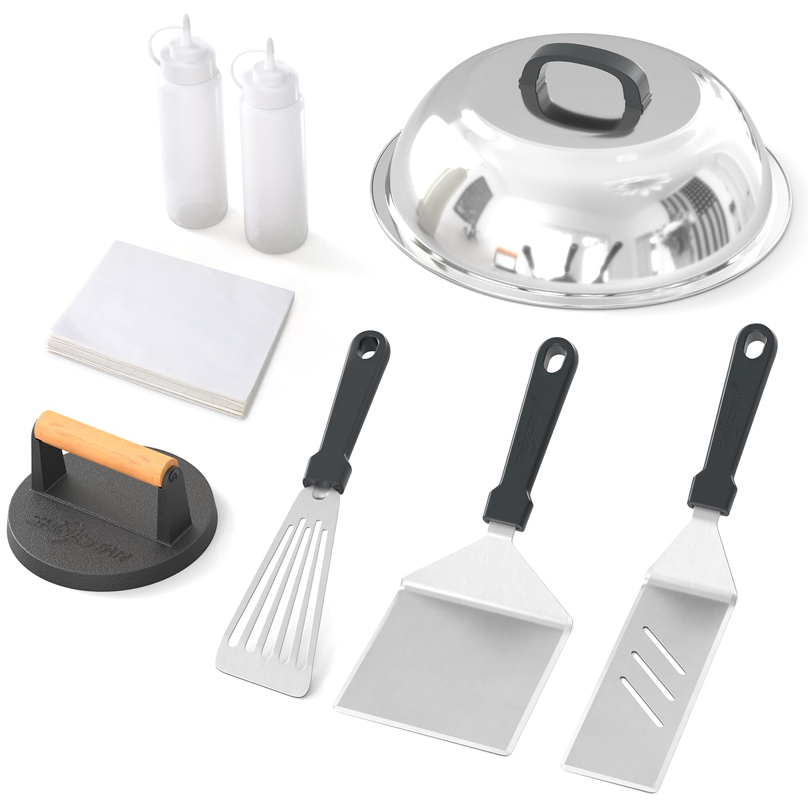 SHINESTAR 12-Inch Cast Iron Smash Burger Press Kit with Melting Dome & 3 Spatulas - Heavy Duty Blackstone Griddle Accessories for Perfect Hamburgers - Ideal for Flat Top Hibachi Grill, Indoor & Outdoor BBQ, Backyard Cooking (8-Piece Set)