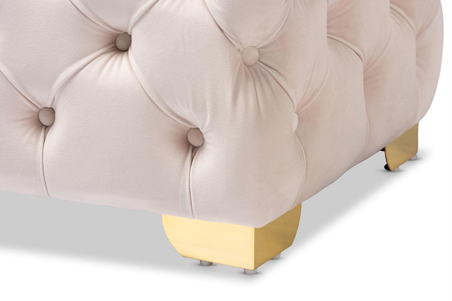 Baxton Studio Avara Tufted Ottoman - Light Beige Velvet Upholstery with Gold Finish | Luxury Footstool, Accent Seat & Bedroom Decor for Modern Living Rooms