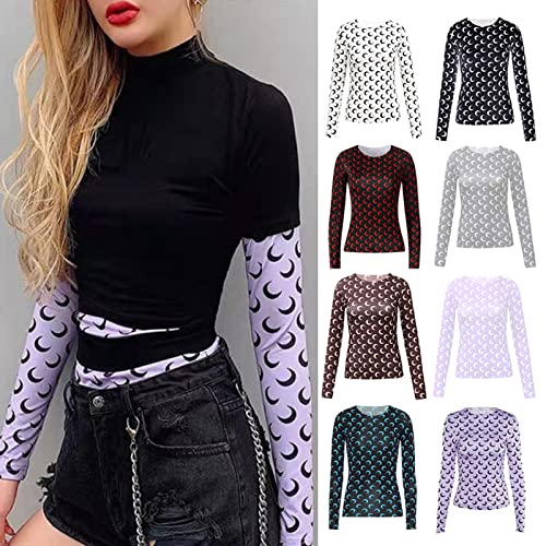 Crescent Moon Print Women's Bodycon T-Shirt - Long & Short Sleeve Summer Tee for Casual Wear, Night Out & Beach Outfits