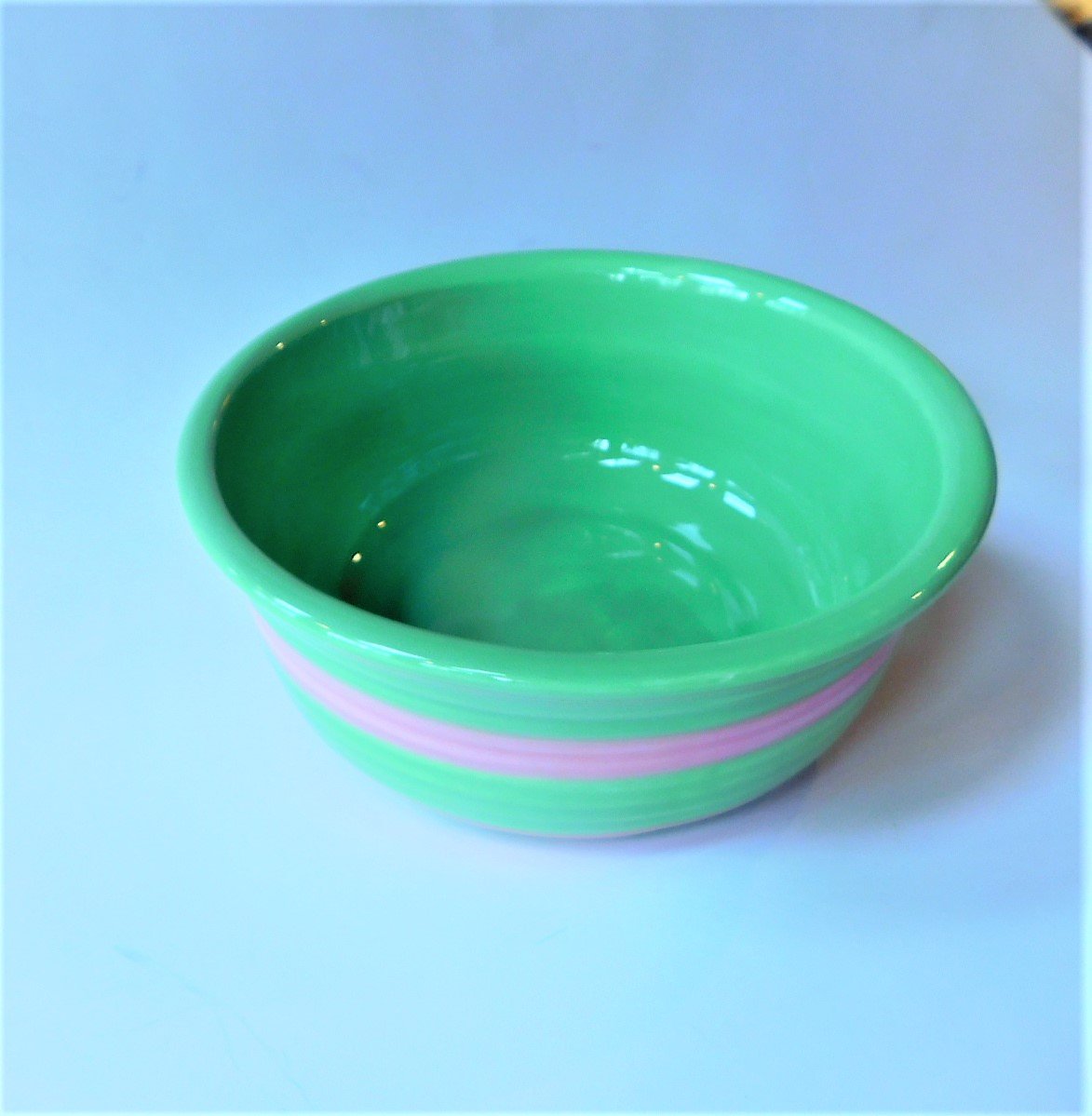 Preppy Stripe Pet Bowl for Dogs & Cats - 5 Inch Diameter Food & Water Dish in Lime Green & Pink - Perfect for Home, Travel & Outdoor Use