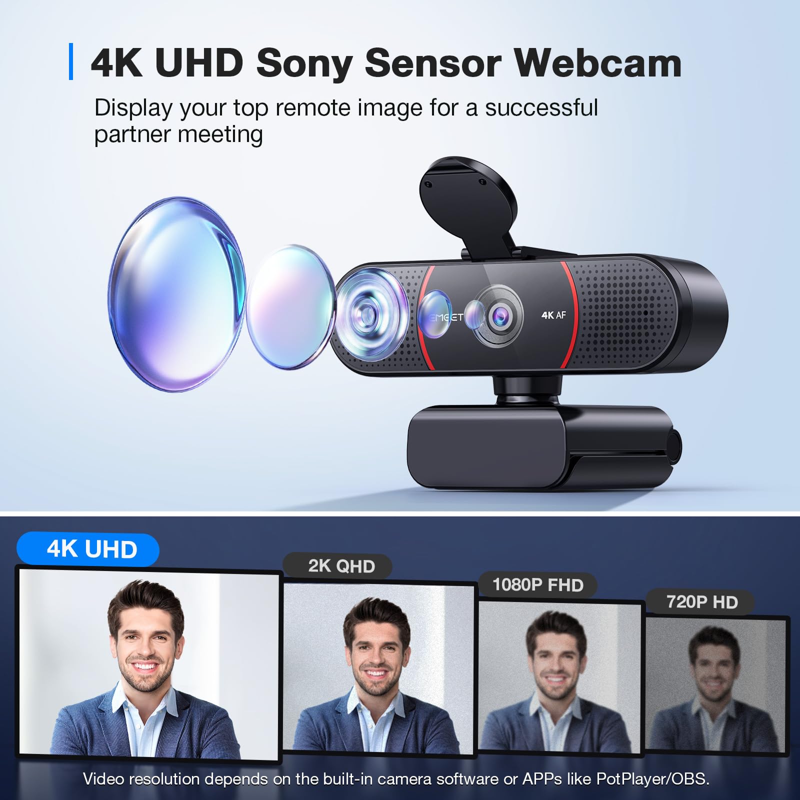 EMEET C960 4K Webcam with Tripod Stand - Sony Sensor, 360° Swivel Head & Adjustable Height, Built-in Dual Noise Cancelling Mics, Auto Focus & Light Correction - Ideal for Zoom Meetings, Online Classes, Live Streaming & Video Conferencing