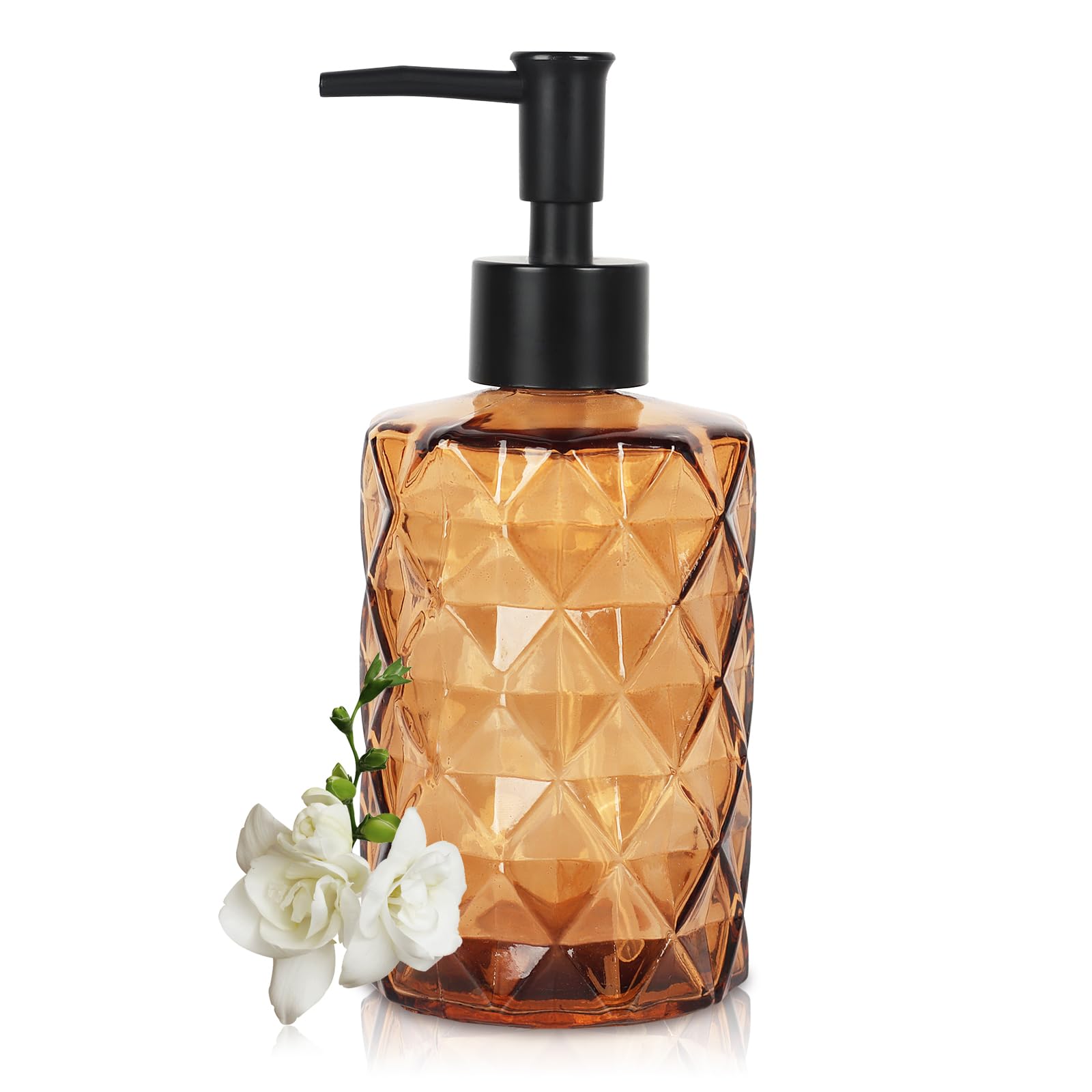 Premium Diamond-Cut Amber Glass Soap Dispenser with Pump - 12oz Refillable Hand & Dish Soap Dispenser for Bathroom, Kitchen Sink, Vanity - Elegant Home Decor & Gift Idea