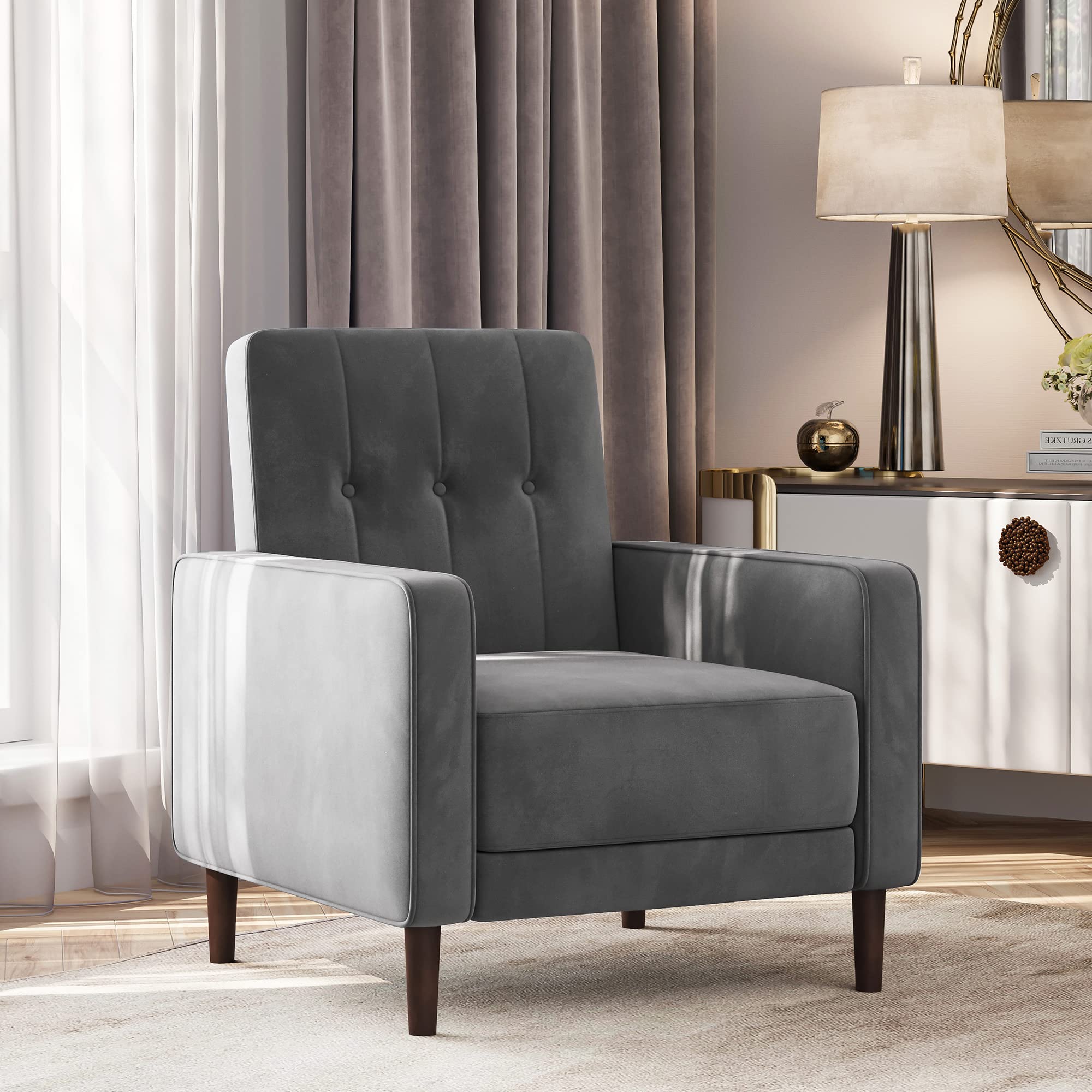 BELLEZE Mid Century Modern Accent Chair - Velvet Upholstered Armchair with Button Tufted Back, Comfortable Lounge Reading Chair for Living Room, Bedroom, Office - Valencia Gray (Perfect for Small Spaces & Home Decor)
