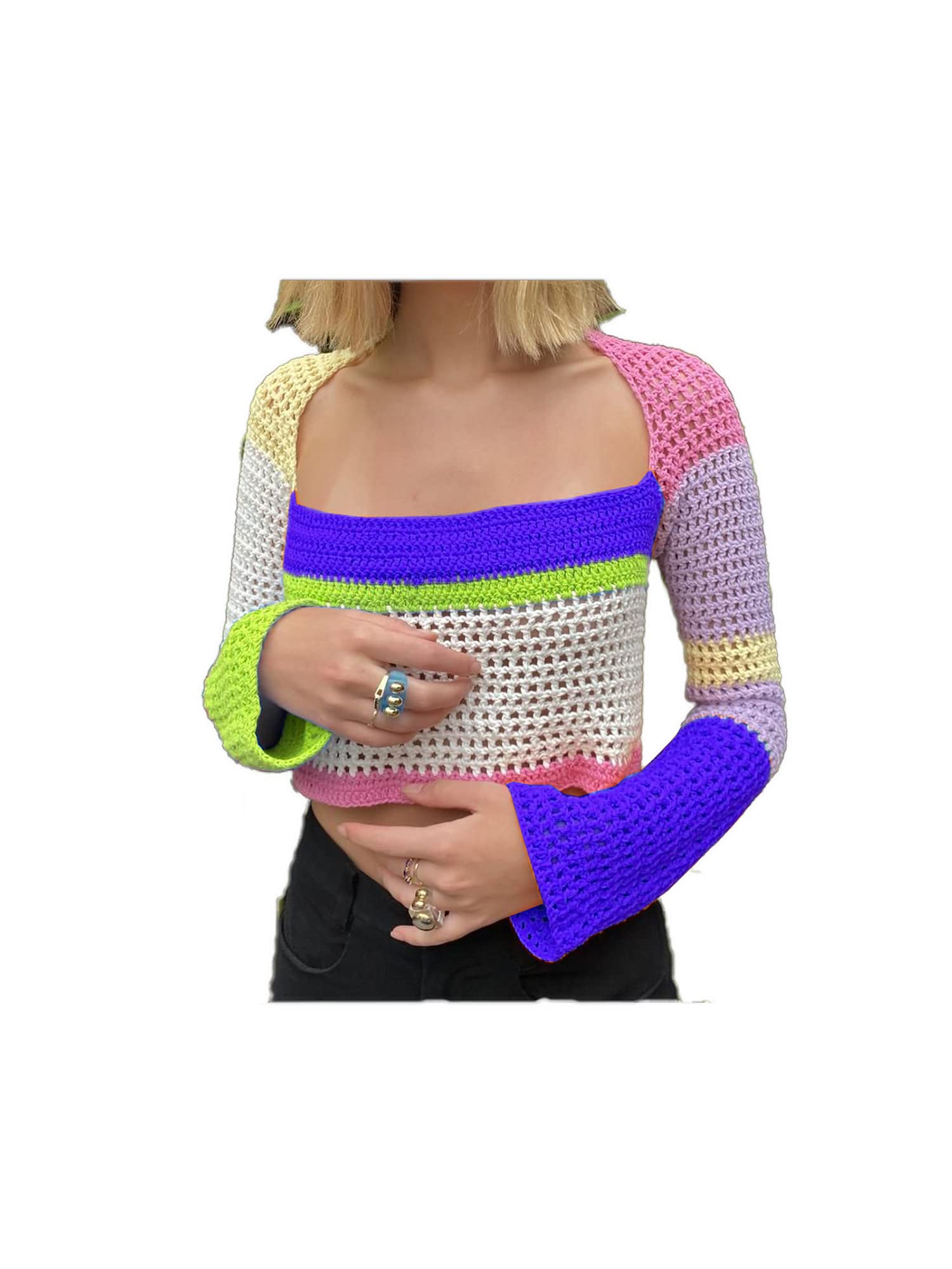 Y2K Women's Crochet Knit Crop Top - Long Sleeve Color Block Pullover with Hollow Out Square Neck | Streetwear Fashion for Casual Outings & Music Festivals