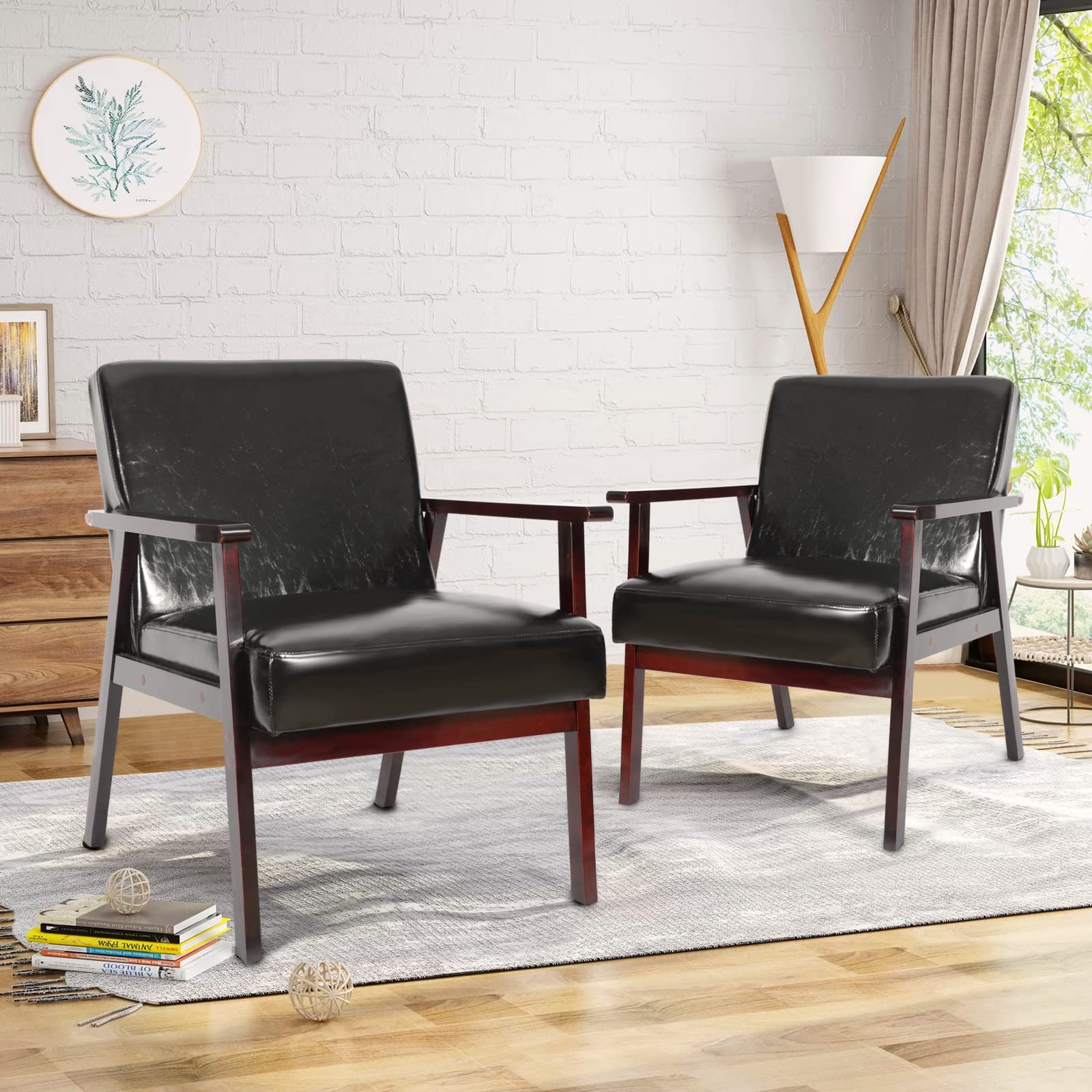 Mid Century Modern Faux Leather Armchair Set of 2 - Solid Wood Frame Accent Chairs with Upholstered Seat - Comfortable Lounge Reading Chairs for Living Room, Bedroom & Home Office - Black Leather Style Armchairs (Perfect for Relaxing, Reading or Adding Stylish Seating to Any Space)