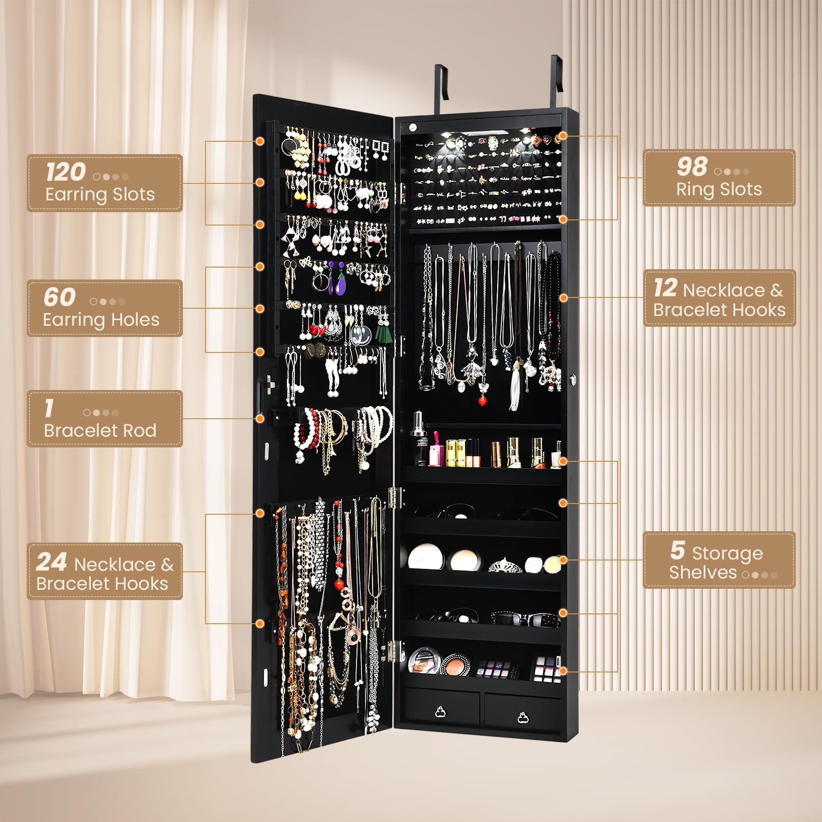 NAFORT 2 LED Jewelry Cabinet with Mirror - 47.5