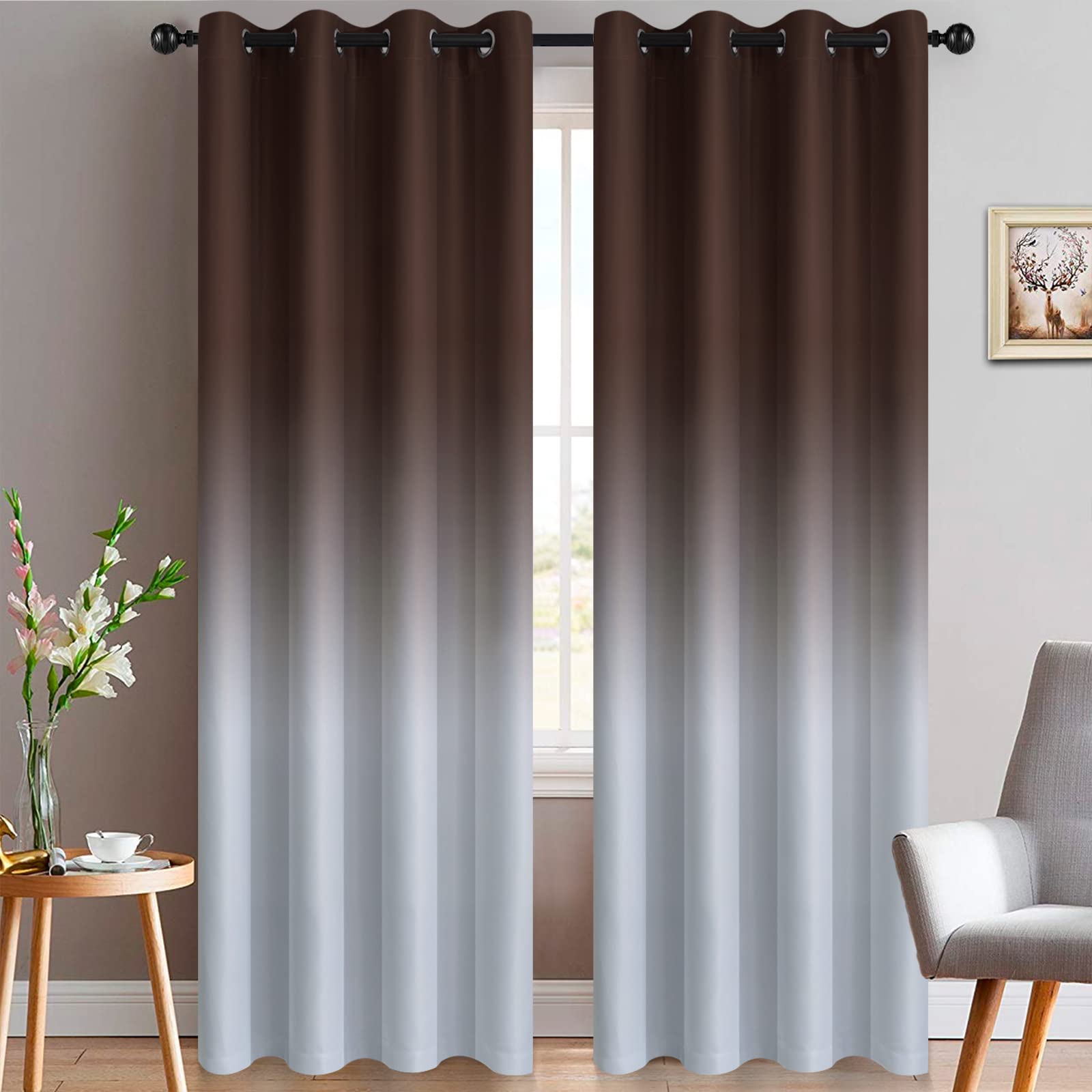 Yakamok 84 Inch Long Brown & Greyish White Blackout Curtains - Room Darkening Ombre Gradient Window Drapes with Grommets for Bedroom (52x84 Inch, 2 Panels) - Perfect for Light Control & Privacy in Living Room, Nursery, or Home Theater