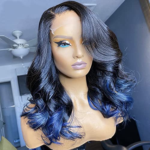 JYZ Ombre 1B Blue Wavy 13x4 HD Transparent Lace Front Wig - 150% Density Brazilian Human Hair with Pre-Plucked Baby Hair | 18 Inch Free Part | Perfect for Cosplay, Parties & Daily Wear