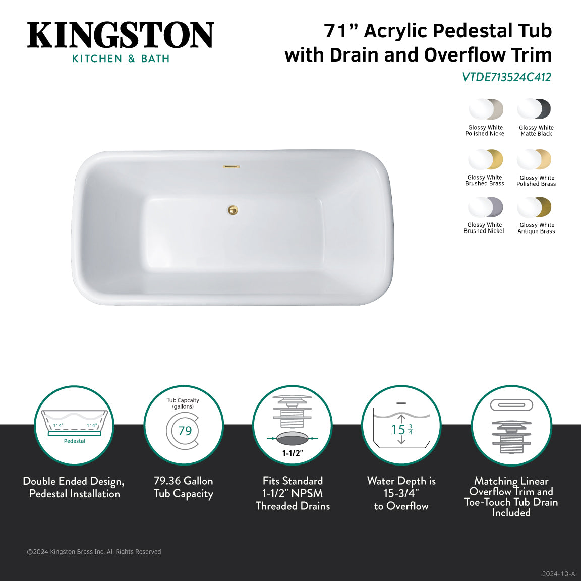 Aqua Eden 71 Inch Acrylic Oval Rectangular Double Ended Pedestal Bathtub - Glossy White with Brushed Nickel Finish - Freestanding Soaking Tub for Luxury Bathroom & Spa Relaxation at Home