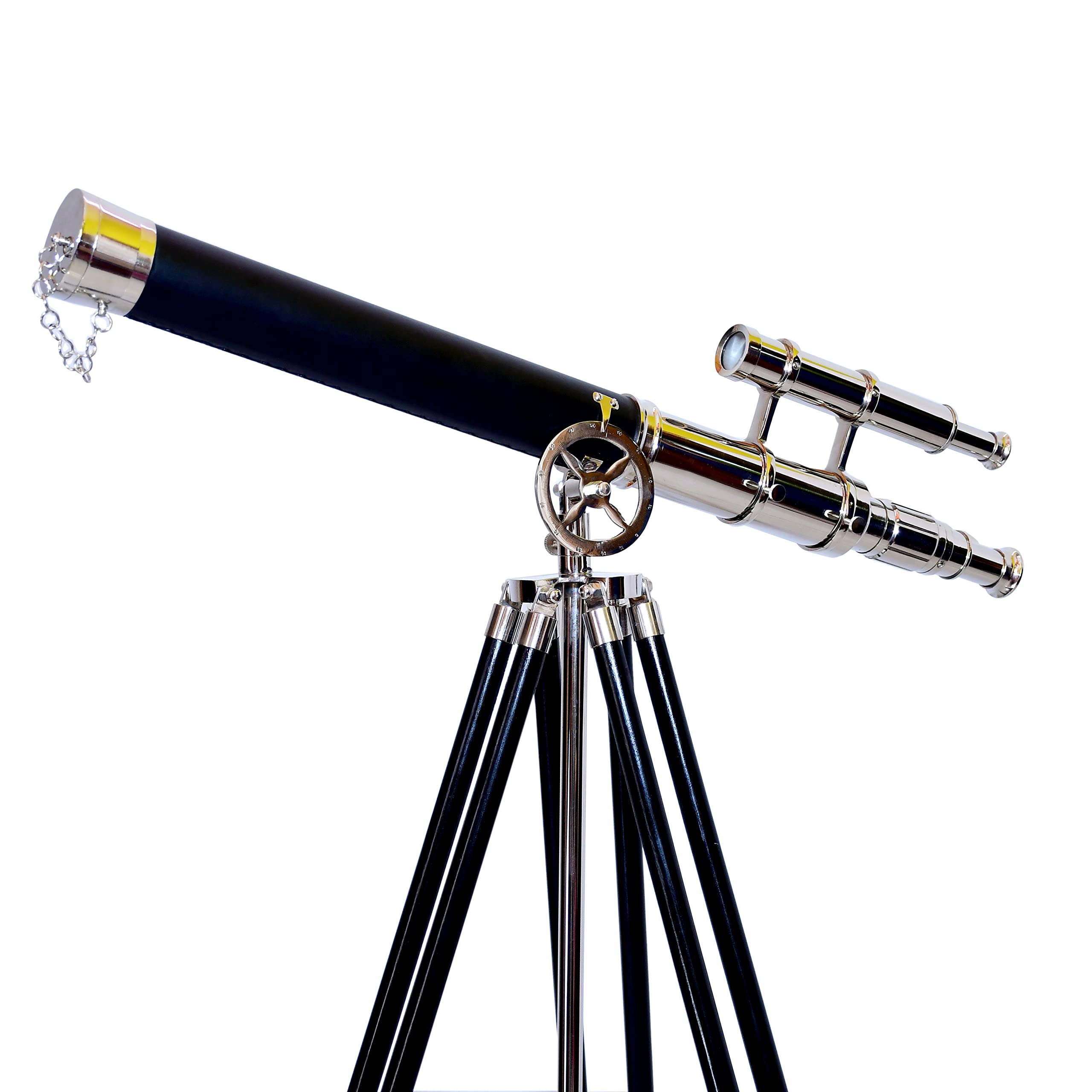Nautical Brass Nickel Double Barrel Telescope with Black Wooden Tripod - Brass Floor Standing Telescope for Stargazing & Marine Navigation | NAVIROCK