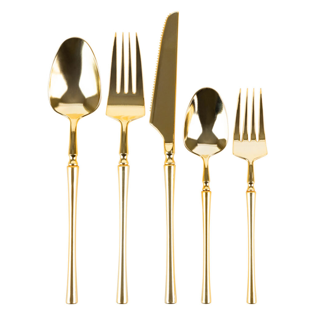 Green and Gold Plastic Party Bundle - Square Edge Disposable Plates, Cups & Cutlery Set for Birthday, Wedding & Holiday Celebrations